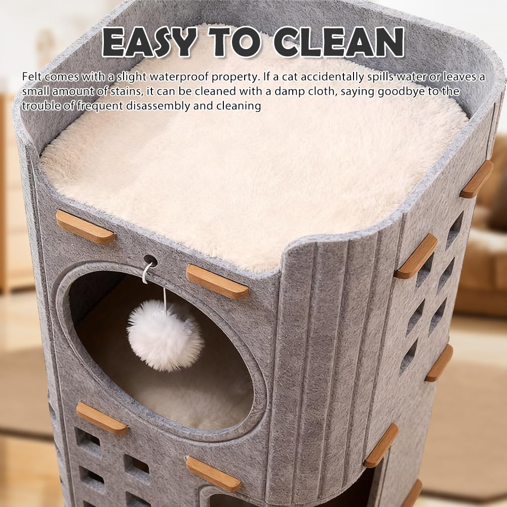Cueva para gatos de fieltro de 3 pisos, 90 x 37 x 37 cm, cama para gatos, casa para gatos de interior con pelota de juego, castillo para gatos para jugar, cueva para gatos plegable y cálida para