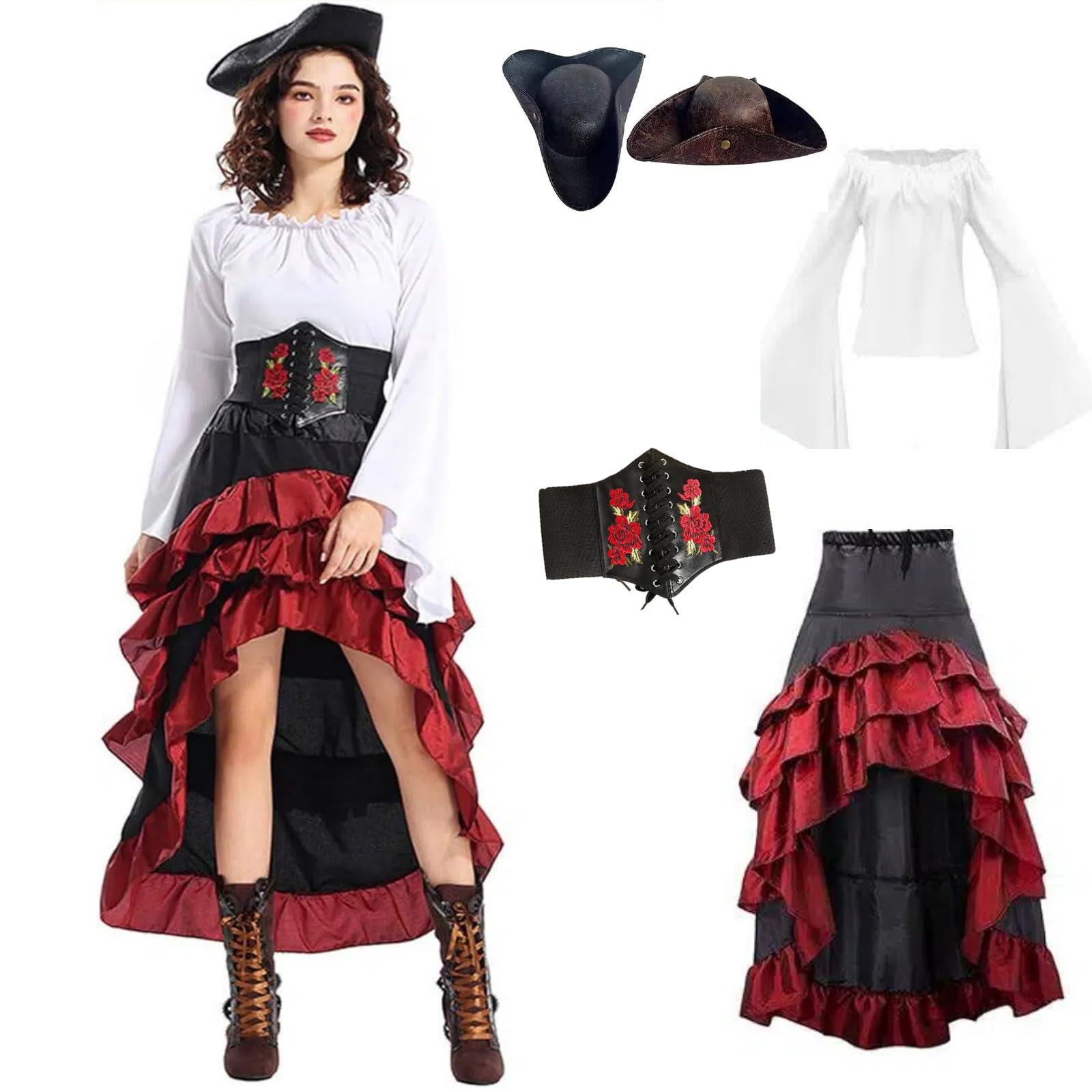 Wiclin Costume da pirata per ragazze, vestito da principessa bucaniere con accessori, costume da pirata per bambini 5-6 anni