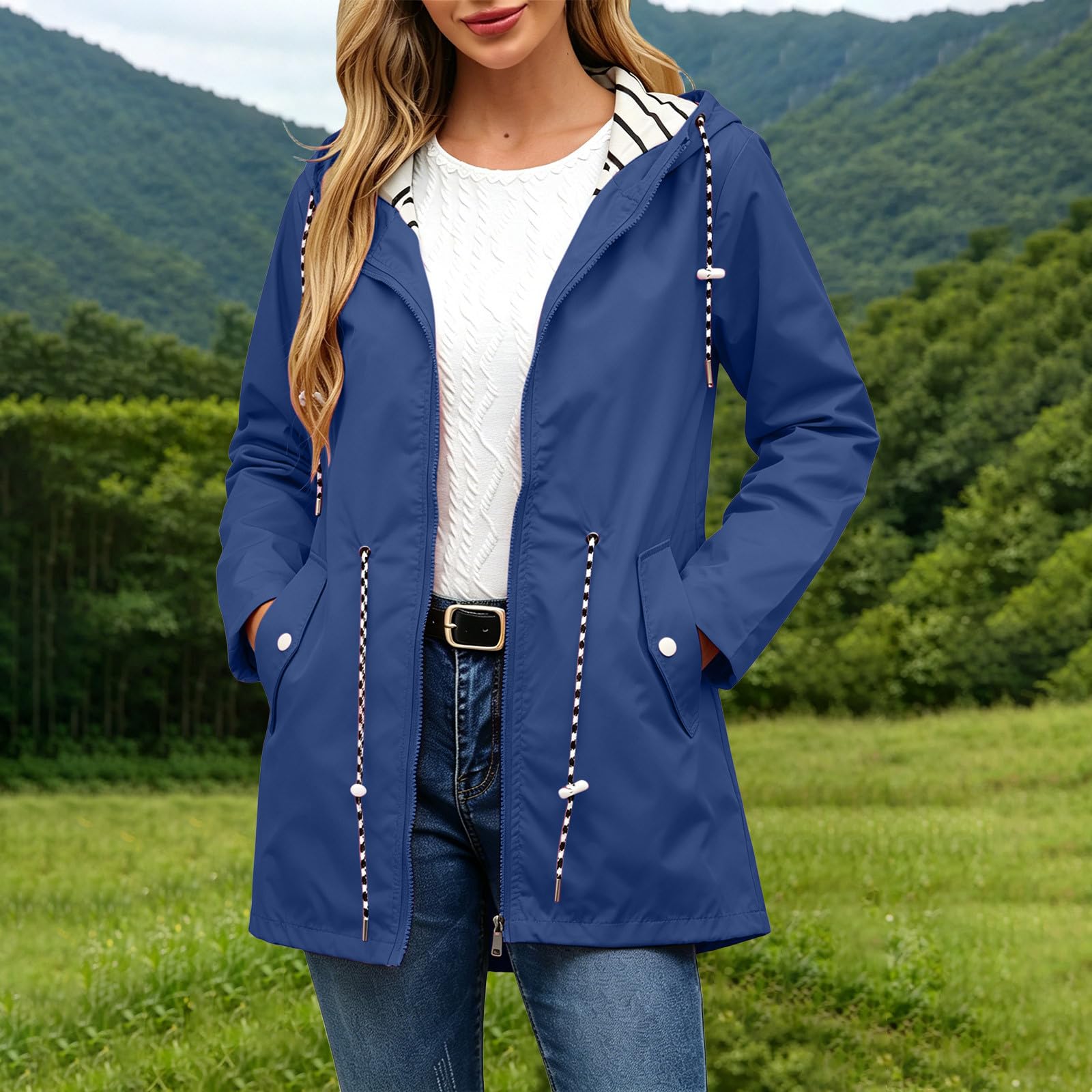 Regenjacke Damen Lang Wasserdichte Atmungsaktive Kapuzenjacke Gestreiftem Gefütterte Regenmantel Winddichte Outdoorjacke Rain Jacket mit Kapuzen Zipper Jacke Leichte Übergangsjacke Dünne Winterjacke