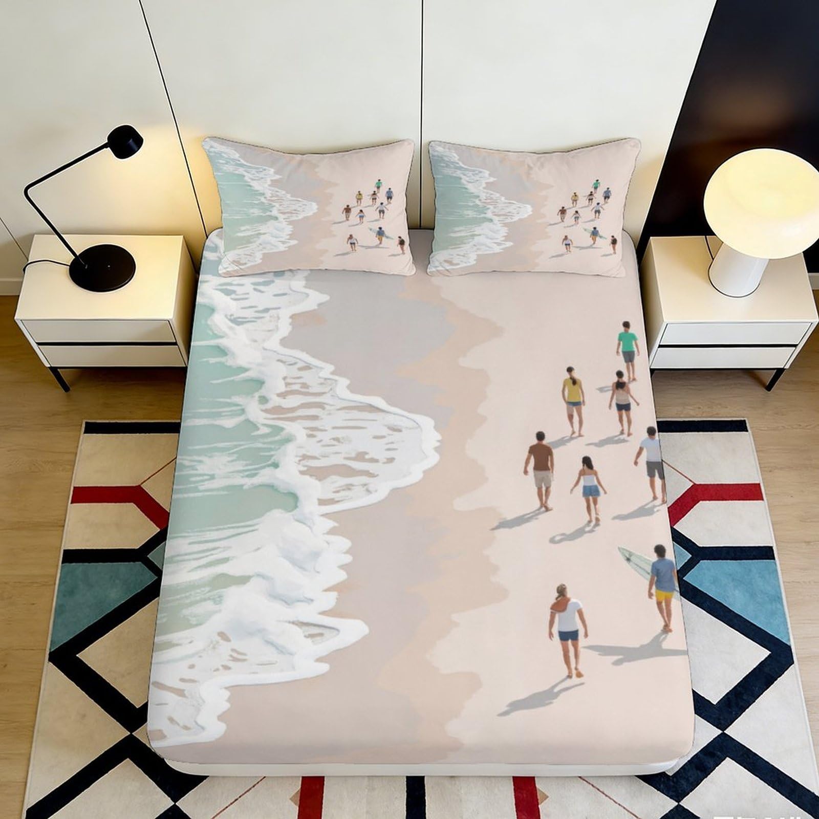 3D Printed Beach Scenery Fitted Sheet Microfiber Deep Pocket Bedroom Bedding Set Ocean Mattress Fitted Cover Non-Slip 200x200x25cm