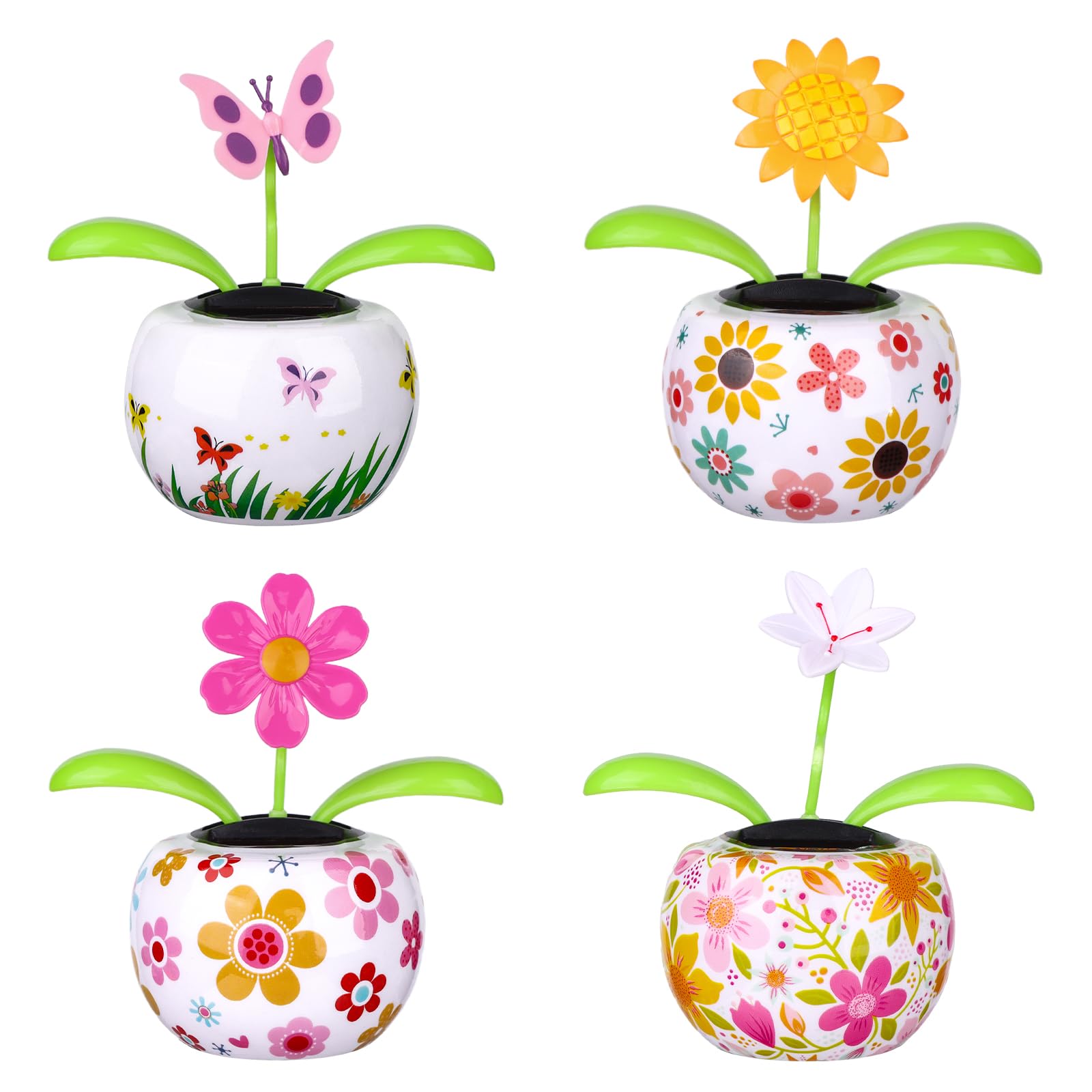 4 Pack Solar Dancing Butterfly Toy Solar Powered Dancing Sun Flower in Colorful Pots Swinging Sunflower Flip Flap Animated Bobblehead Dancer Window Sun Catcher Car Dashboard Decor