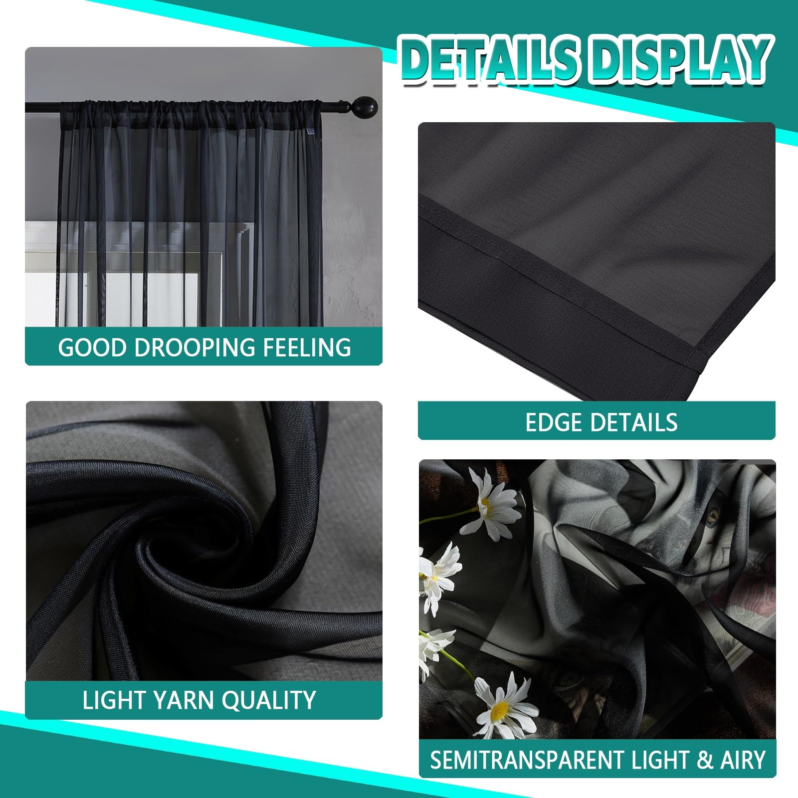 Cortina Corta Ventana 140 x 270 cm para Ventanas Visillos, Cortina Cocina Modernas Translucidas. Cortinas de Lino Visillos Salón 2 Piezas para Habitacion Comedor, Negro