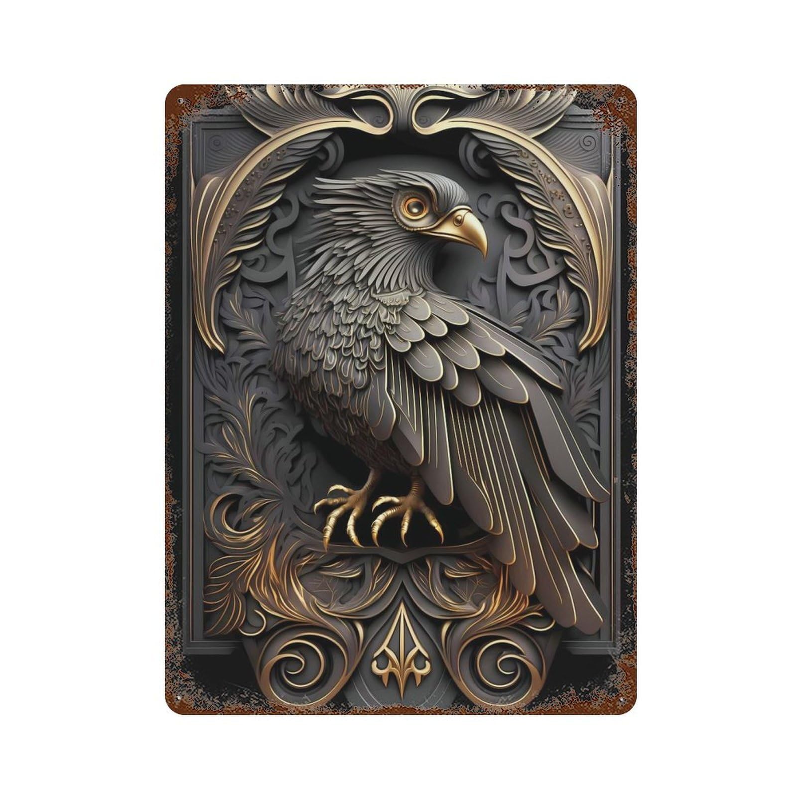 Rust Effect King Golden Eagle Art Deco Rusty Metal Tin Sign 15.7"x11.8", Industrial Home Decor for Living Room, Hallway And Home Decor
