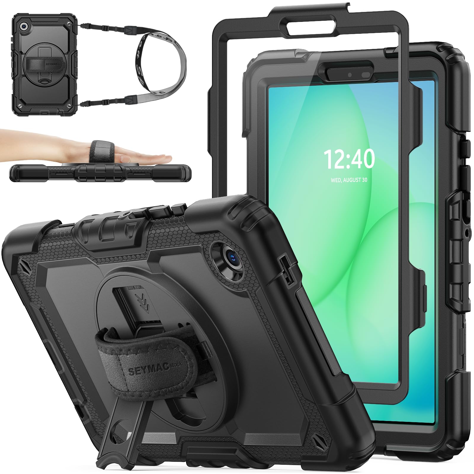 Case for Samsung Galaxy Tab A11 8.7'', Full-Body Drop Protection Case with Screen Protector Pencil Holder [360° Rotating Hand Strap] &Stand, Black