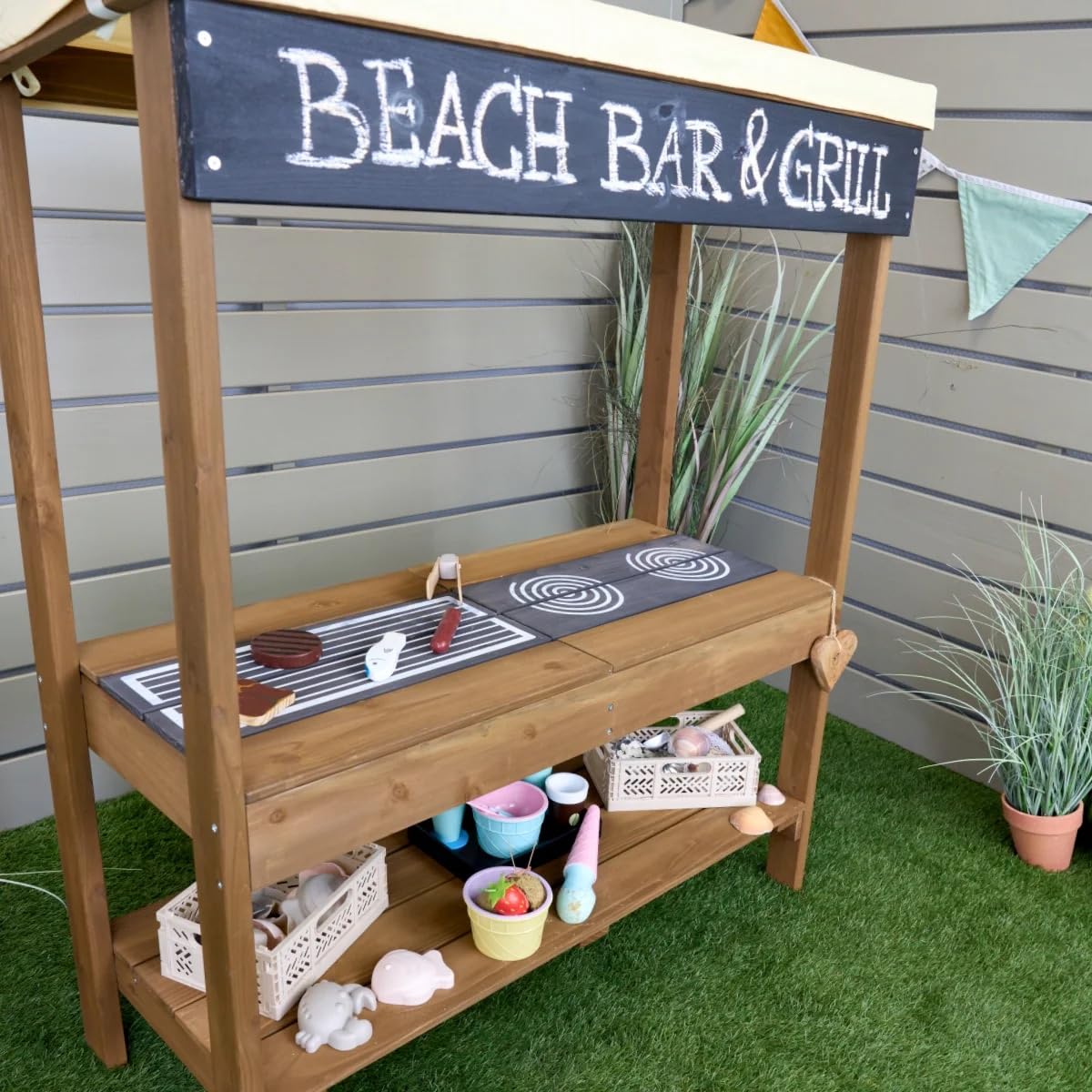 Meppi Matschküche Beach-Bar aus Holz - Outdoorküche für Kinder - Grill & Herd