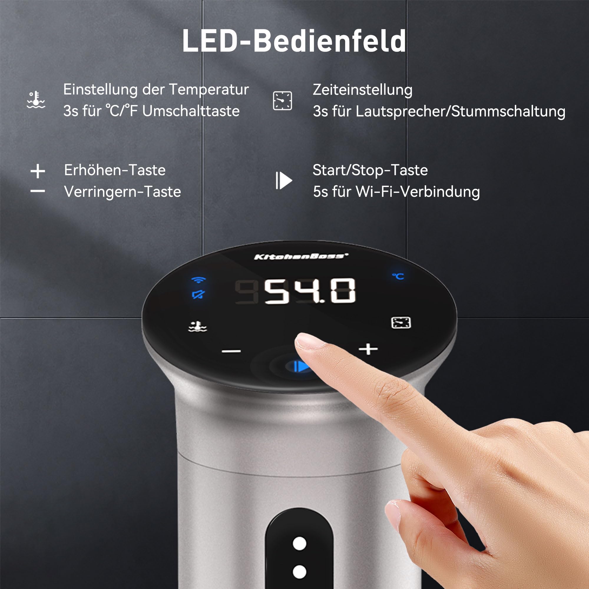 KitchenBoss Sous Vide Stick Garer： 1100W Präzisionskocher Wi-Fi Sous Vide Stick App-Steuerung Sous Vide Stab Zirkulation 40℃-90℃ IPX7 Wasserdicht LED Touch Display Ultra-leise Tauchzirkulator