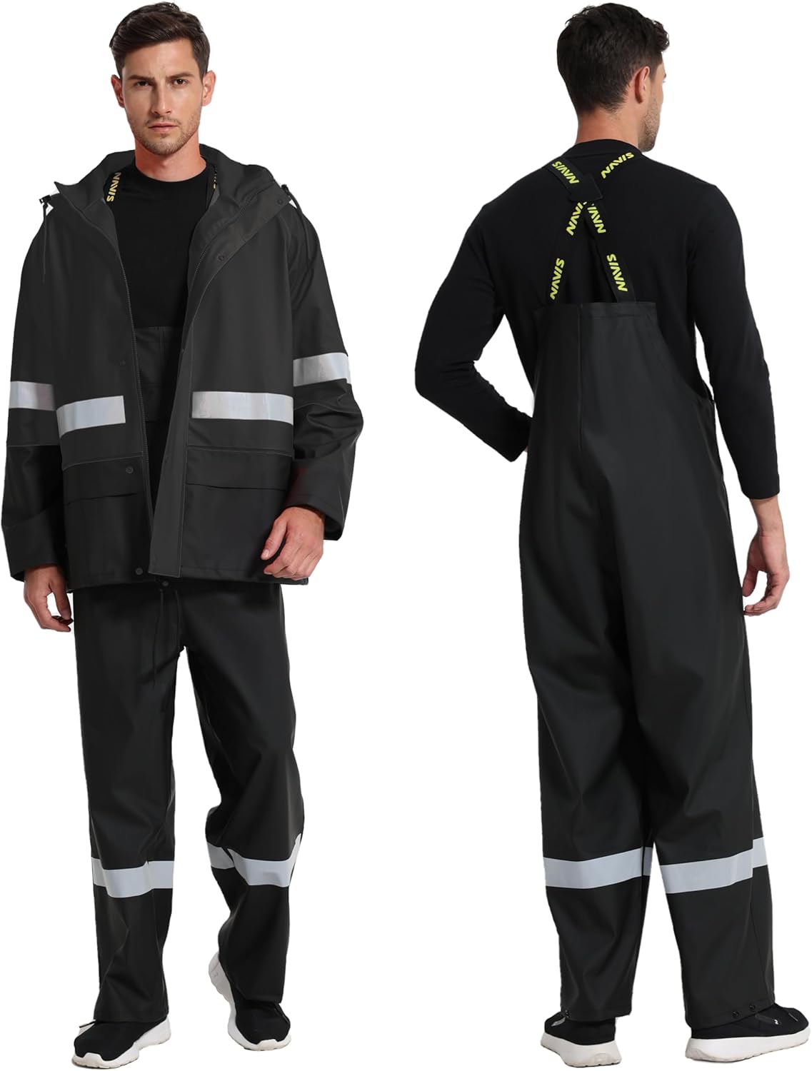 Men's Hi Vis PRO Workwear Waterproof 3-Piece Heavy Duty PU Reflective Rain Jacket, Hoodie & Bib Pants for Work and Safety