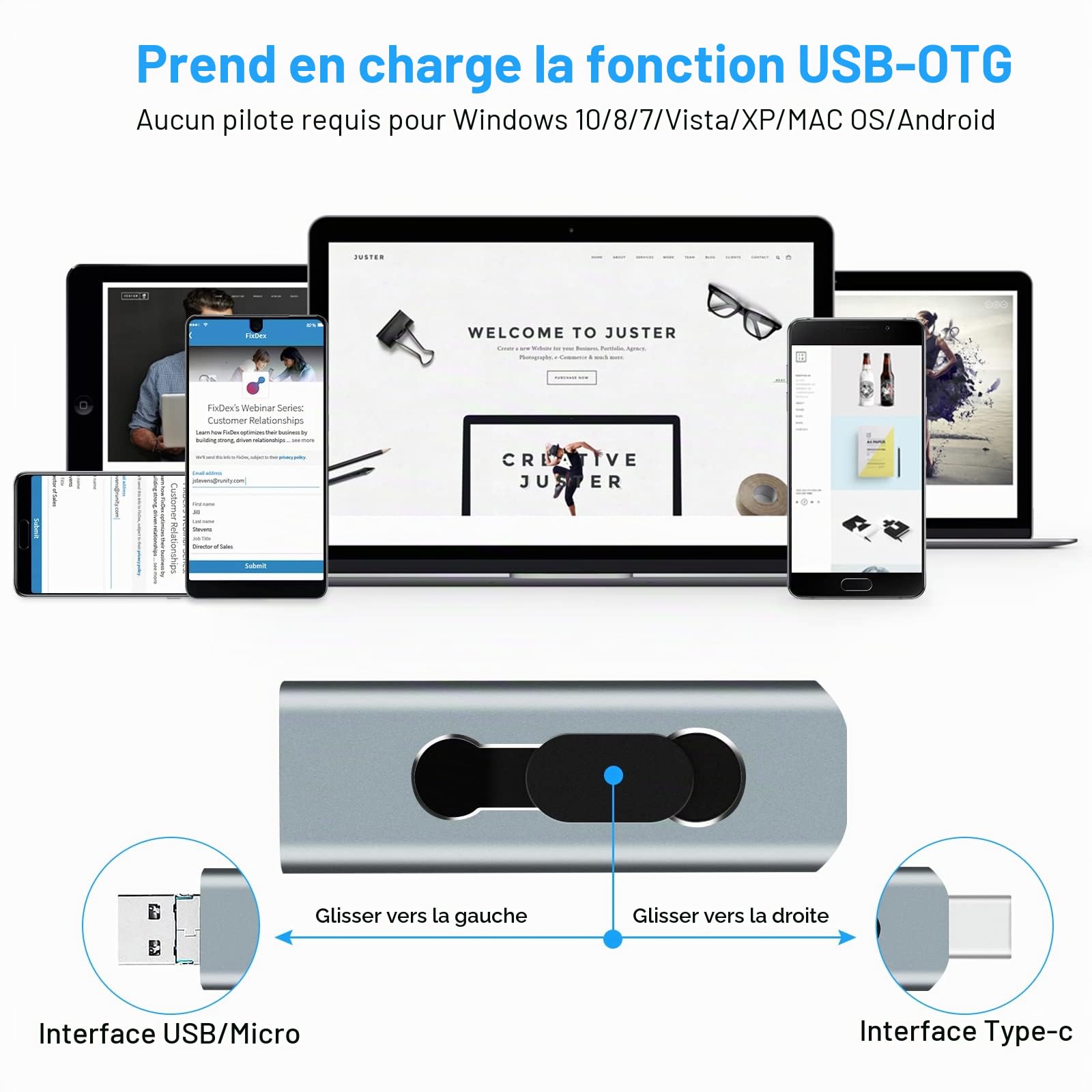 Clé USB 3.0 256Go 3-en-1 Mémoire Stick pour Téléphones Android, BorlterClamp OTG USB 3.0 Flash Drive avec 3 Ports (USB C/microUSB/USB-A) pour PC, Téléphones comme Samsung Galaxy et Plus (Gris)