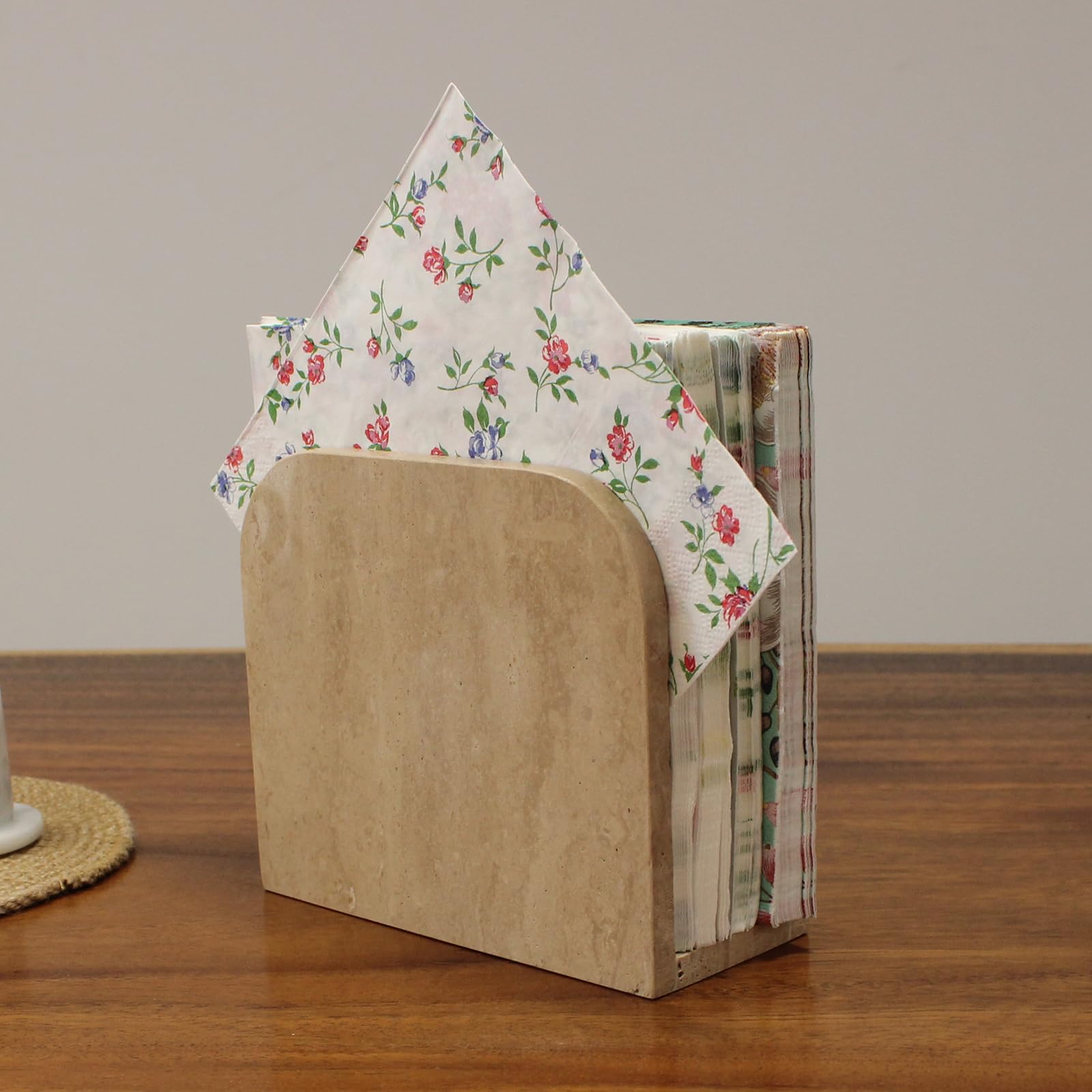 Natural Travertine Napkin Holder for Table, Standing Napkin Dispenser for Kitchen Dining Farmhouse Cocktail Picnic Bar 6.3x5.5x2.8 inches