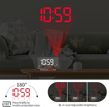 Projection Alarm Clock for Bedroom Ceiling, Digital Mirror Alarm Clock with 180° Rotatable Projector, 7.3