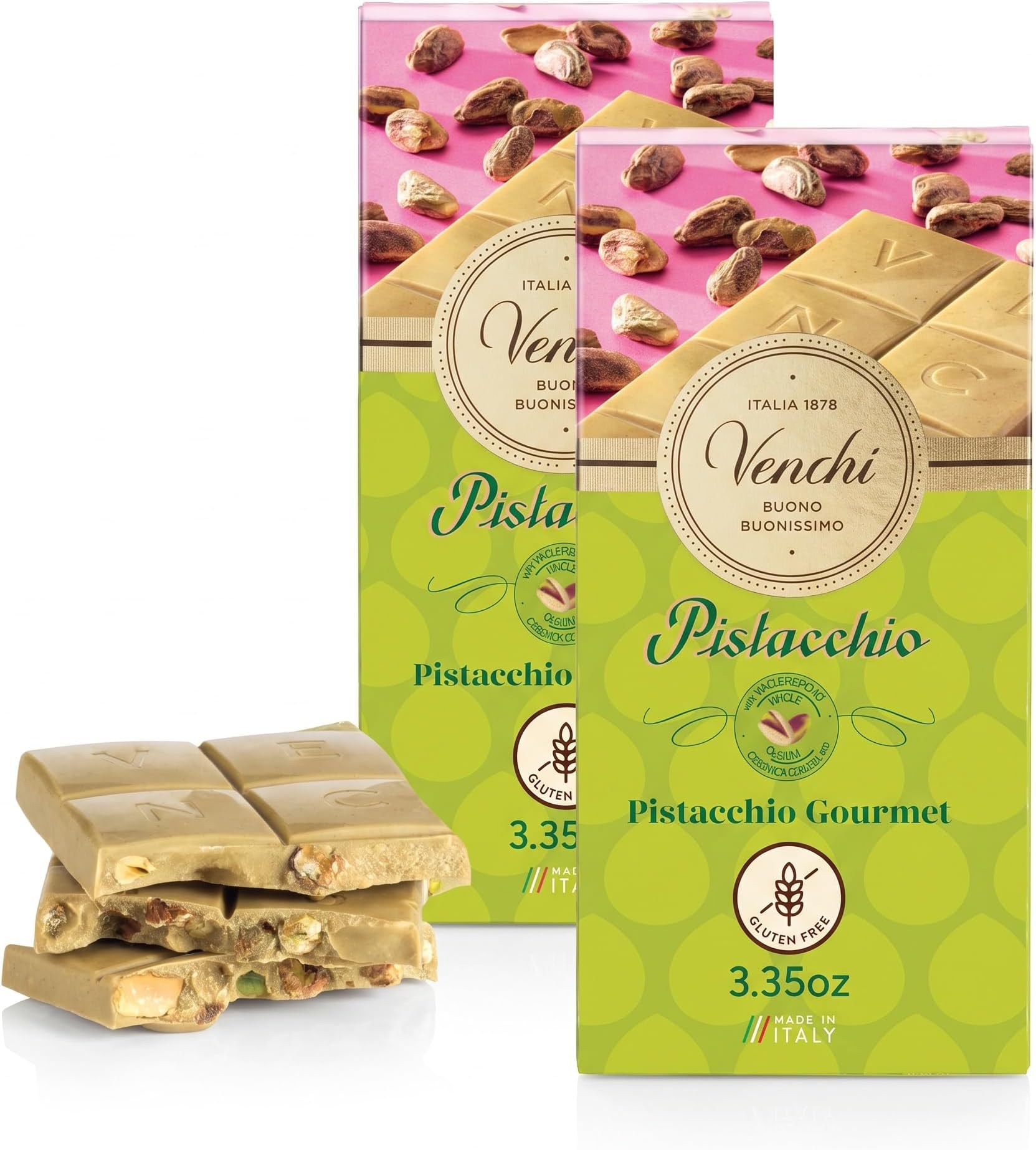 Pistachio Gourmet Chocolate Bar - White Chocolate and Pistachio Paste Cream Bar, 3.53 oz - Gluten Free (Pack of 2)