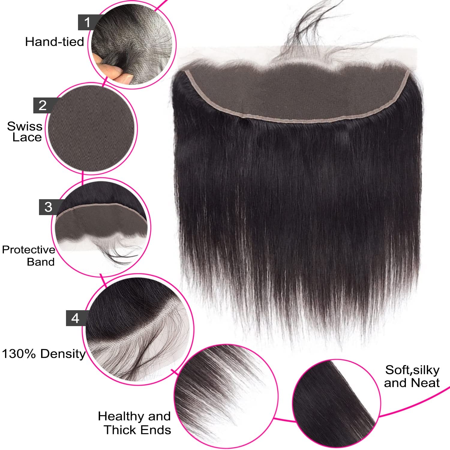 13X4 Lace Frontal Closure Ear to Ear Straight Lace Frontal 100% Unprocessed Brazilian Virgin Human Hair Full Pre-Plucked Natural Black Color 14 Inch - Image 2