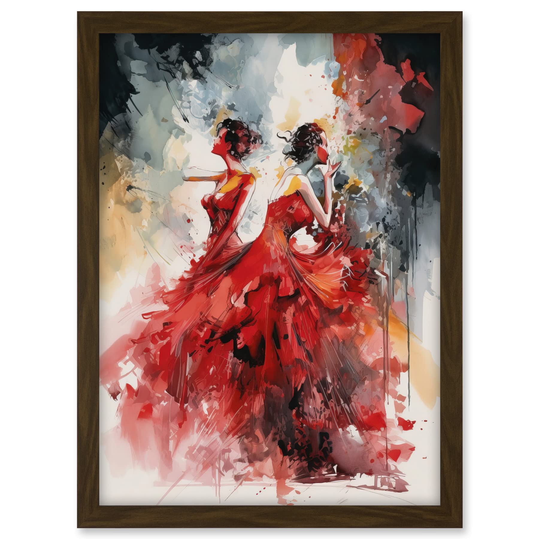 Artery8 Flamenco Music Female Dancers Dancing on Stage in Red Dresses Modern Watercolour Painting Artwork Framed A3 Wall Art Print