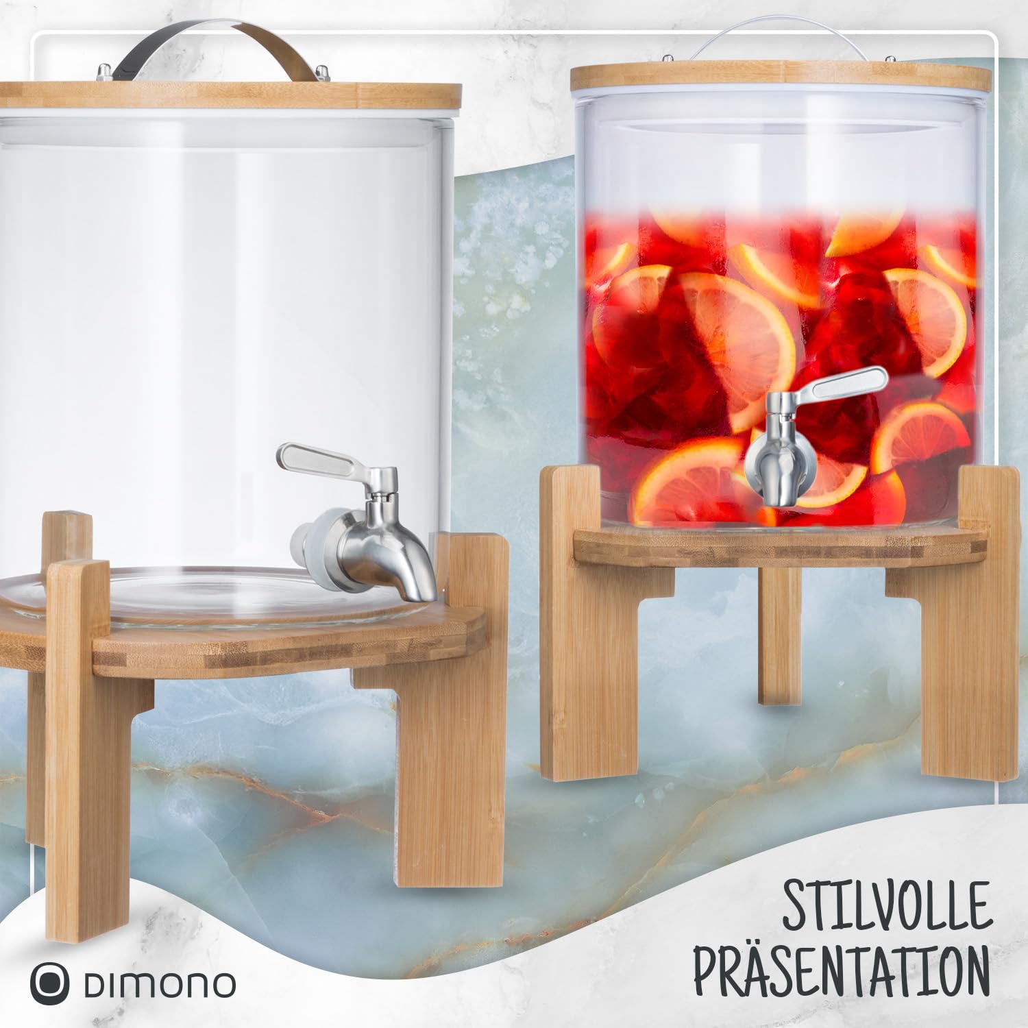 Getränkespender Edelstahl Bambus-Ständer 5L Wasserspender Glas Zapfhahn Bowle Gefäß Deckel