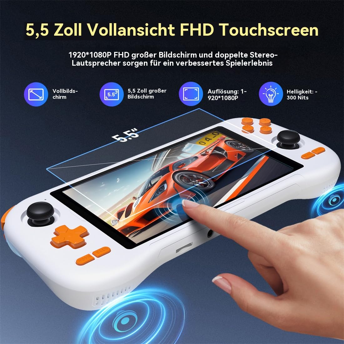 K56 Handheld Spielkonsole – 5,5" FHD Touchscreen, Android 14, 5000mAh Akku, Moonlight & Steam Link, Retro & PC Spiele, 5G WiFi, Dual Joysticks (Schwarz, 128, GB)