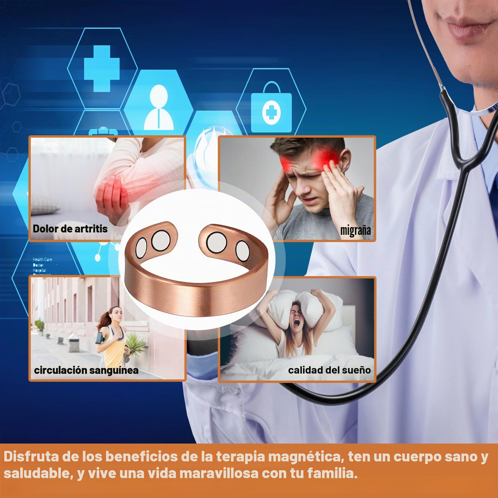 Anillos de cobre para artritis para mujer, anillos magnéticos de cobre puro, alivio del dolor con 4 imanes ajustables magnéticos para curación y salud