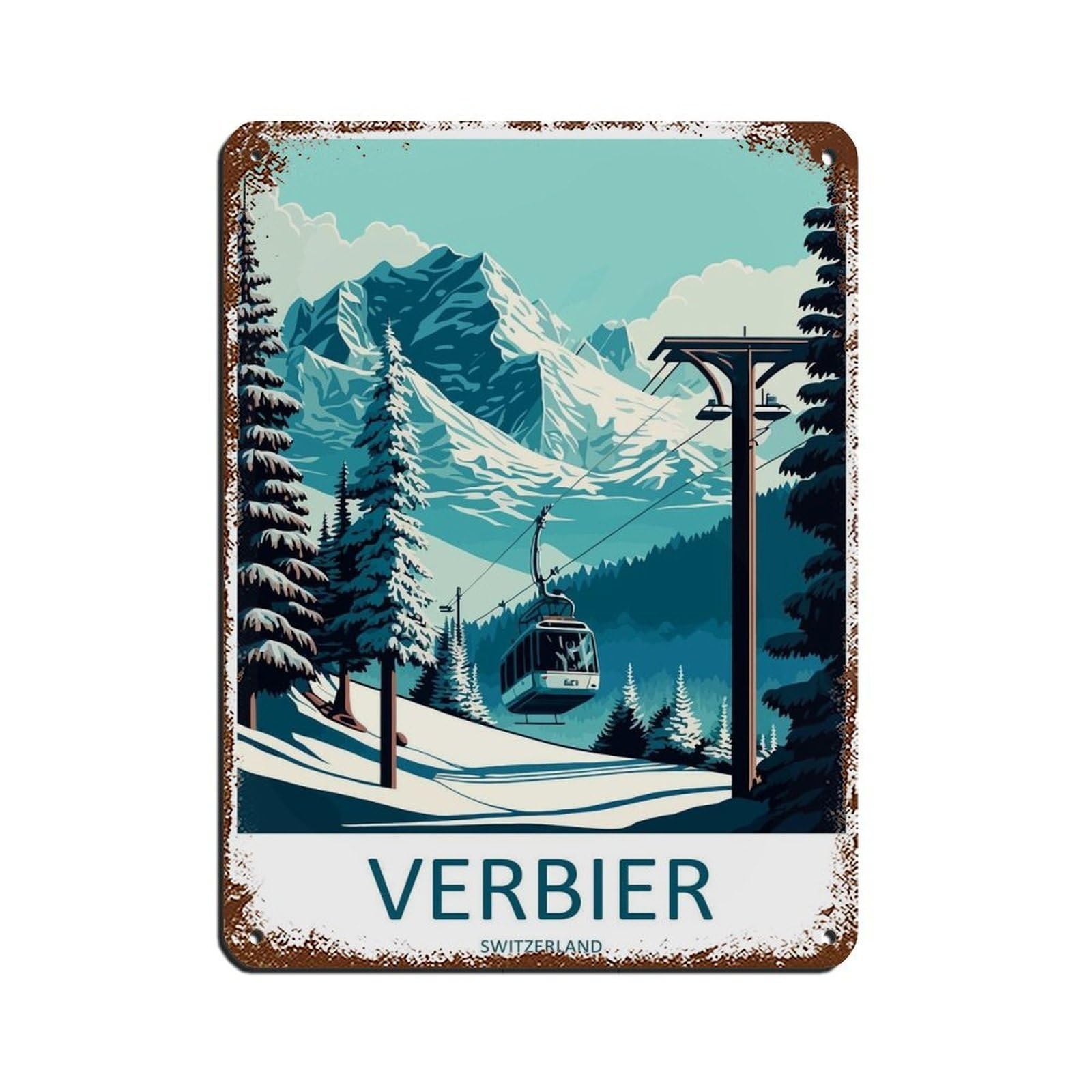 Verbier Travel Art Ski Art Lover Gift (2) Tin Sign Vintage Metal Pub Club Cafe Bar Home Wall Art Decoration Poster Retro 12x16inch(30x40cm)