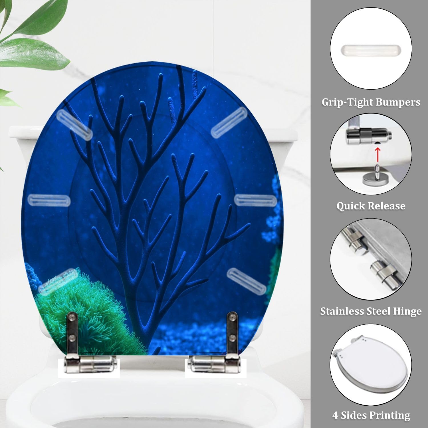 Dekorativer Runder Wc-Sitz, Blauer Marine-Aquarium-Behälter Aus Kunstharz mit Üppiger Bepflanzung, Leise Schließende Schnellverschluss-Scharniere, Abdeckungspuffer, Einfache Montage, Hygieni