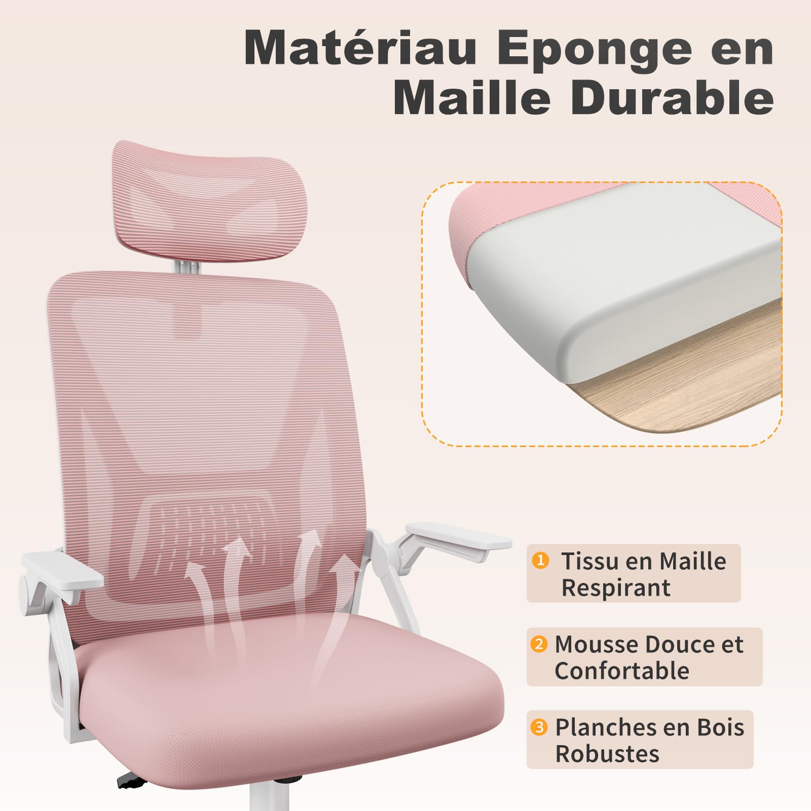 naspaluro Chaise de Bureau Ergonomique avec Accoudoirs Rabattables à 90° (avec Appui-tête, Rose)