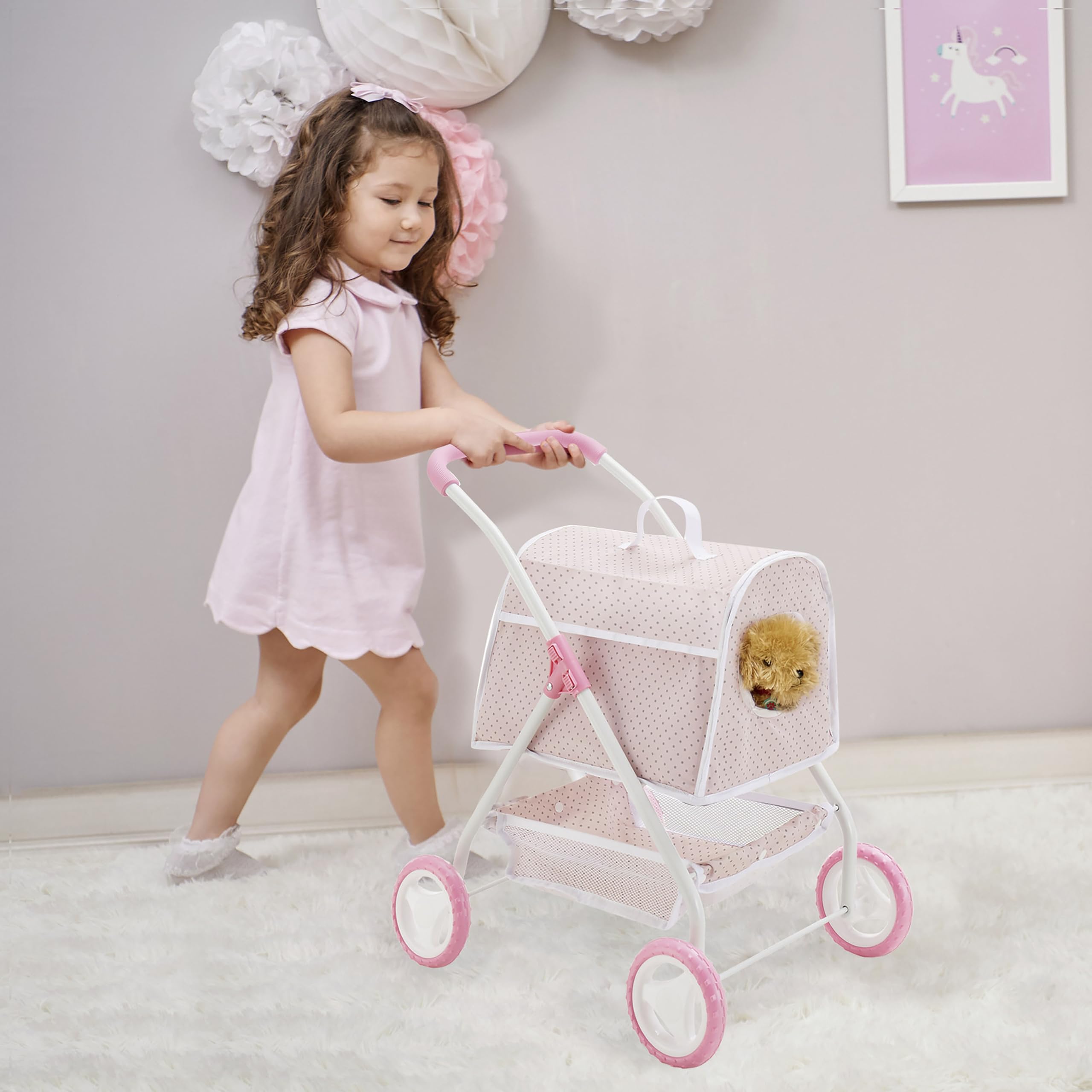 Olivia's Little World Polka Dots Princess Doll Animal Stroller with Detachable Toy Pet Carrier - Pet Doll Pram for 3 yrs and Up - Pink/Gray