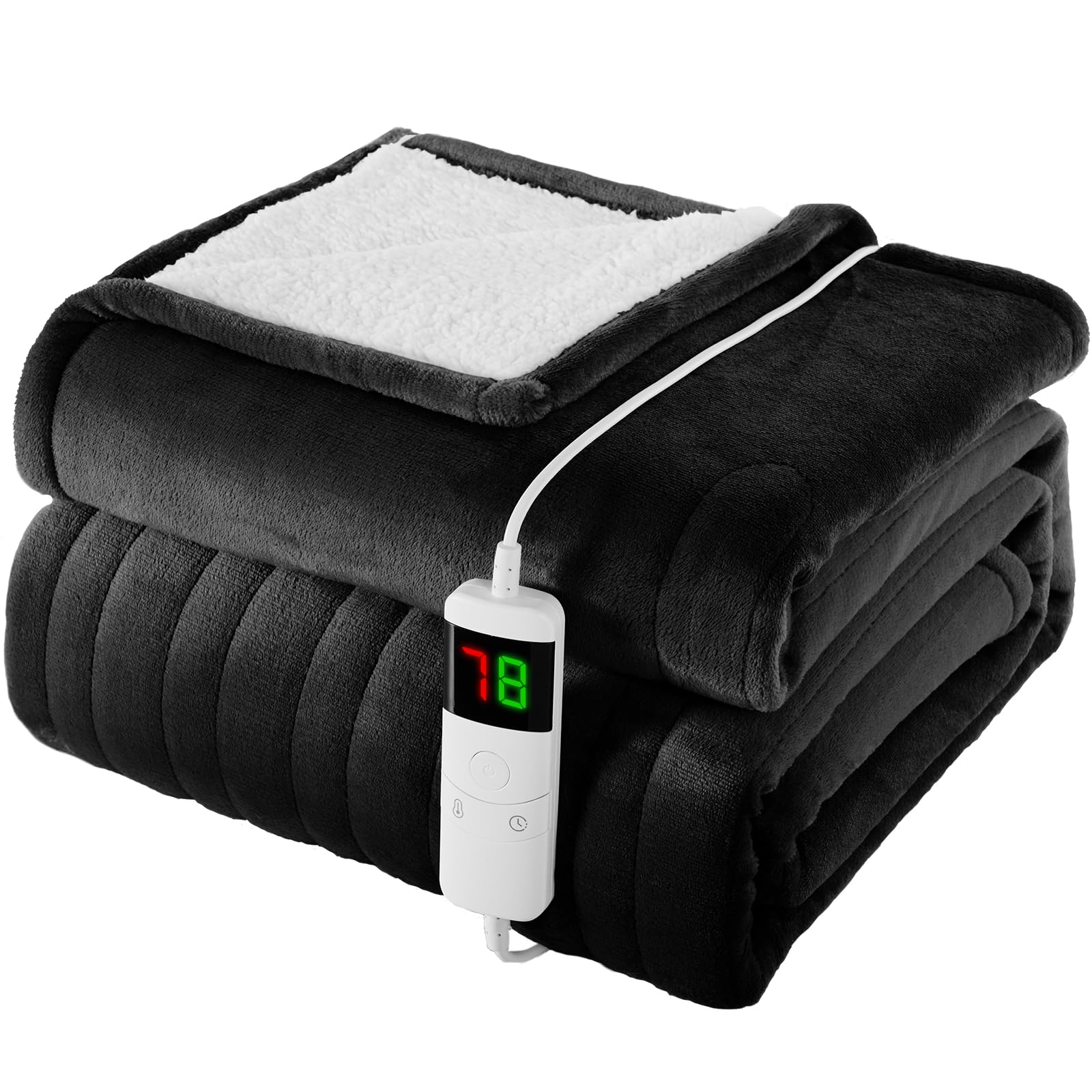 Homemate Heated Blanket Electric Throw - 150x200cm, 1/2/4/6/8 Hours Auto-Off 10 Heat Level Digital Control, Over-Heat Protection Flannel Sherpa Washable Blanket Black