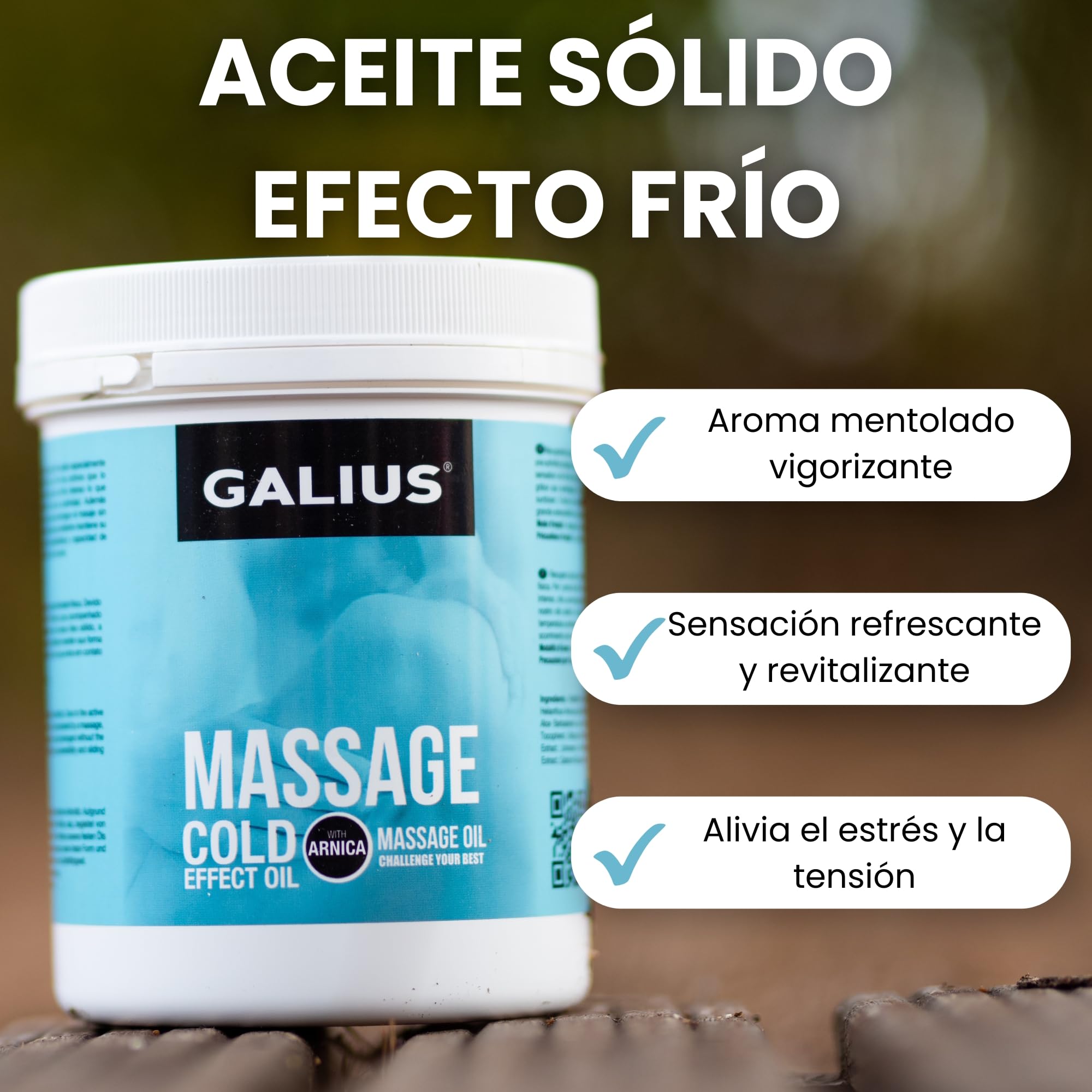 Galius - Aceite Esencial Sólido Efecto Frío - Aceites Esenciales para Profesionales del Masaje y Deportistas - Aceite Corporal con Arnica - Alivio Estrés y Tensión Muscular - Aroma Refrescante 1000ml