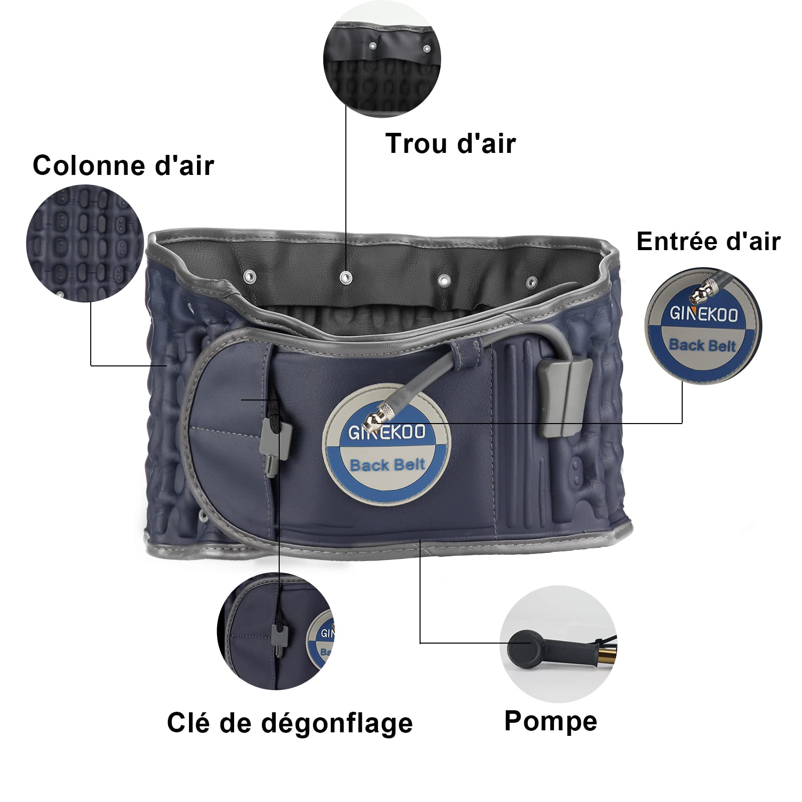 Ceinture de décompression pour le dos – Ceinture de traction à air de la colonne vertébrale pour soutien lombaire et douleurs lombaires – Ceinture de traction lombaire – Bleu (73,7 à 124,5 cm)