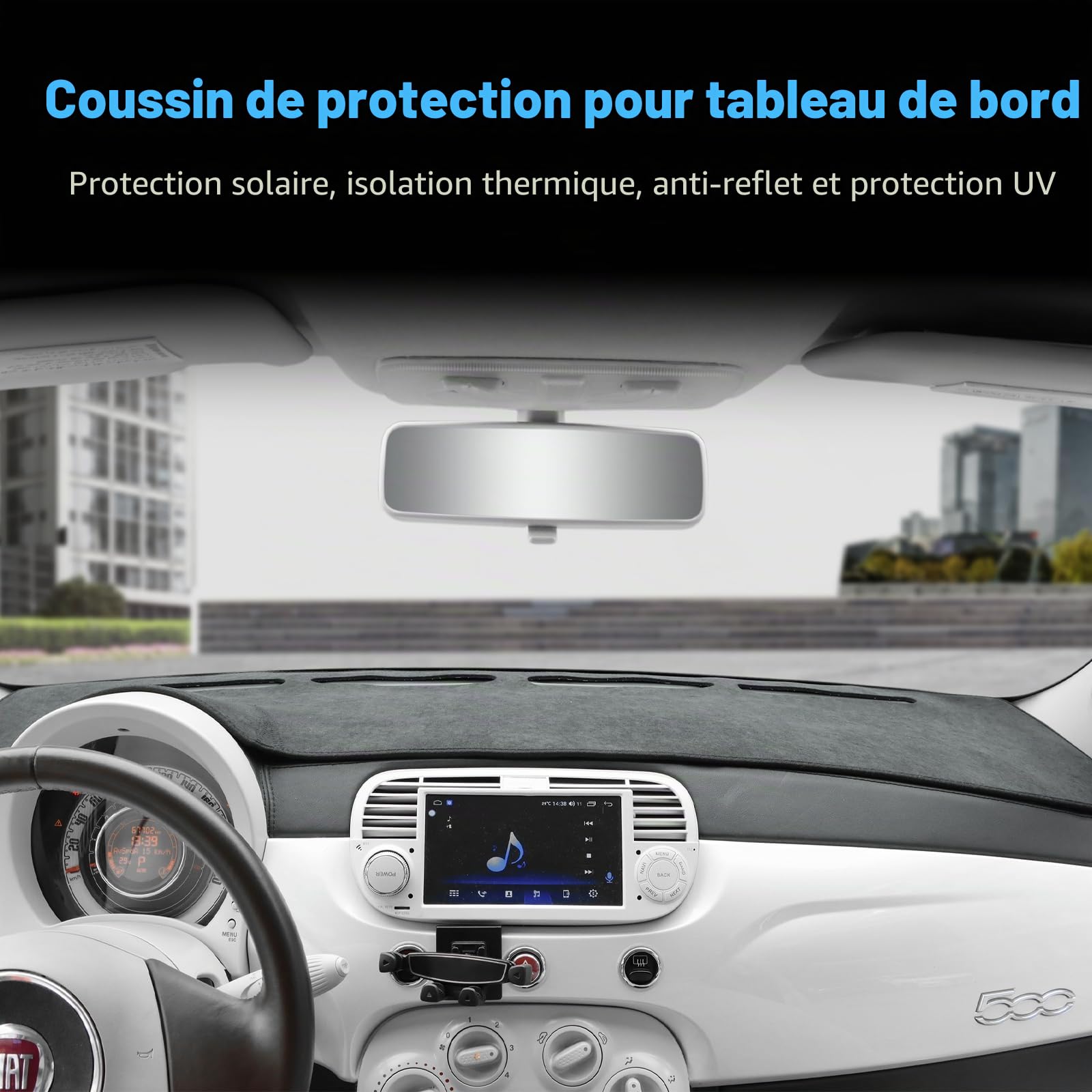 KUNKGIC Tapis de tableau de bord en flanelle Compatible avec Fiat 500 2008-2023 Pour intérieur de voiture Protection solaire Tapis de protection