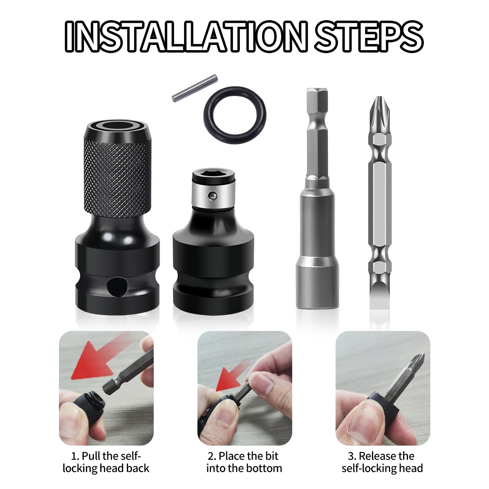 Schlagschrauber Adapter Set 4 Stück, Bithalter Stecknuss Adapter 1/2 auf 1/4 Zoll, Kohlenstoffstahl, Sicherheitsklemme für Impact Wrench