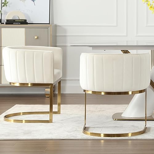 Miniatura 8 de Juego de 2 sillas de comedor tapizadas cómodas con brazos, sillas de comedor modernas de mediados de siglo con patas de metal dorado para comedor,