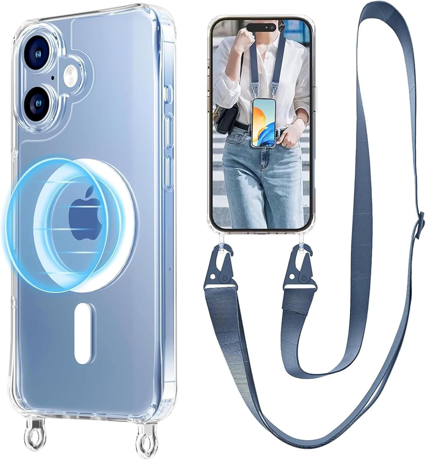 UnnFiko for iPhone 17 Case Compatible with Magsafe Clear, Crossbody Phone Case with Shoulder Strap, Shockproof Protection, Magnetic Phone Case for iPhone 17 (Navy Blue Lanyard)