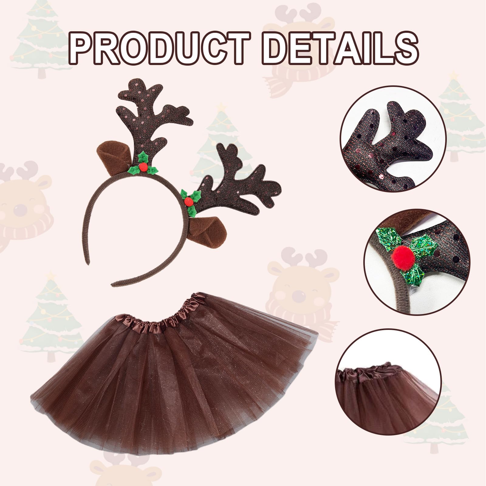 SAIIURV 3 Pcs Reindeer Costume Adult Tutu Skirt with Reindeer Headband Temporary Tattoos Animal Costume Fancy Dress Up - Image 3