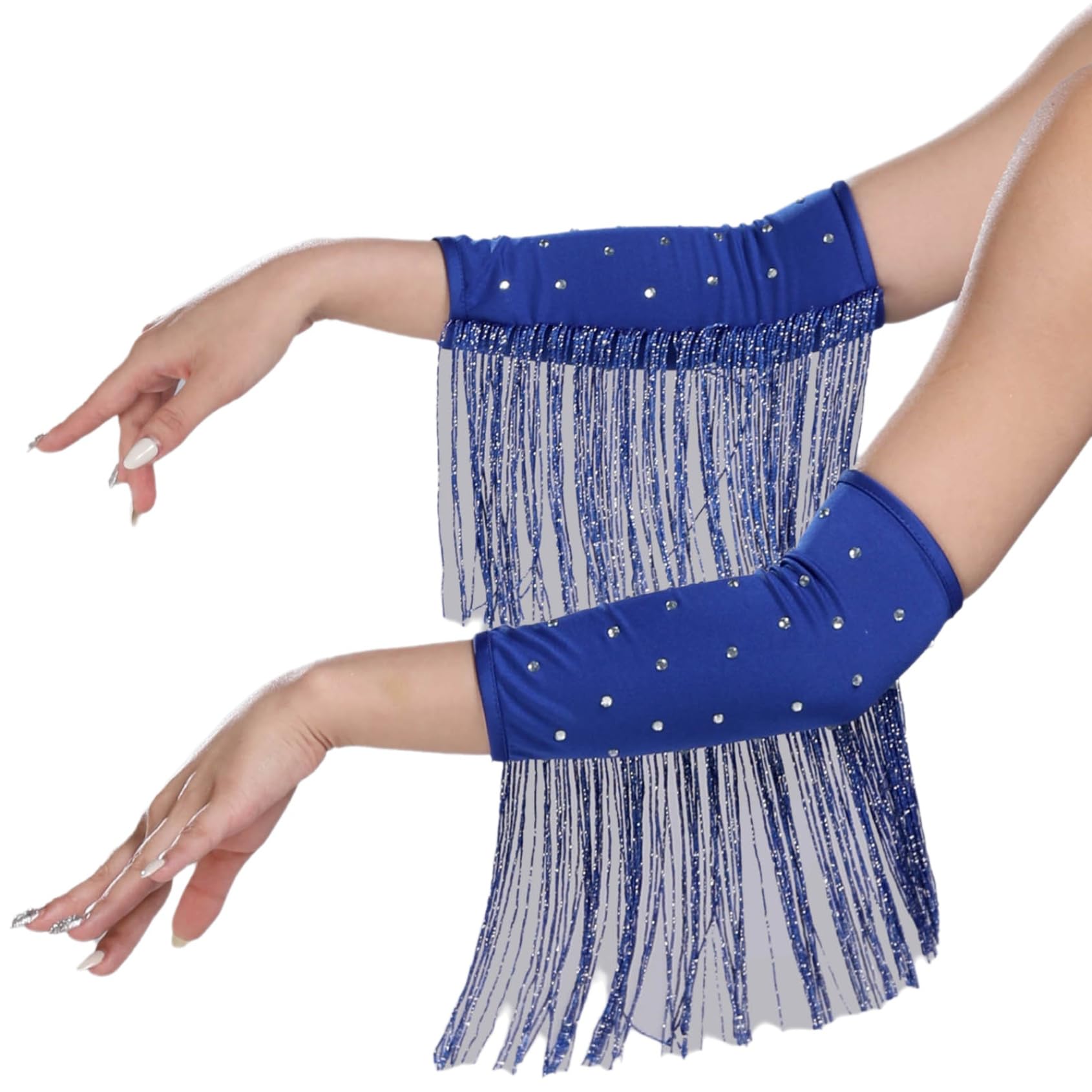 Rswnyirn Long Fingerless Satin Gloves Rhinestones Tassel 1920s Opera Gloves Arm Sleeves For Women Royal Blue One Size