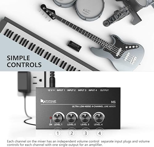 Miniatura 5 de FIFINE - Mezclador de línea de 4 canales de ultra bajo ruido para submezcla, mini mezclador de audio de 4 canales estéreo con adaptador de CA. Ideal