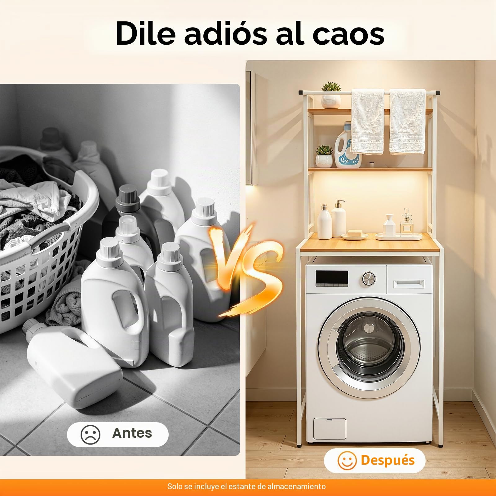 Estantería para lavadora, para inodoro, 3 niveles, de metal, material de madera, para ahorrar espacio, color blanco y madera