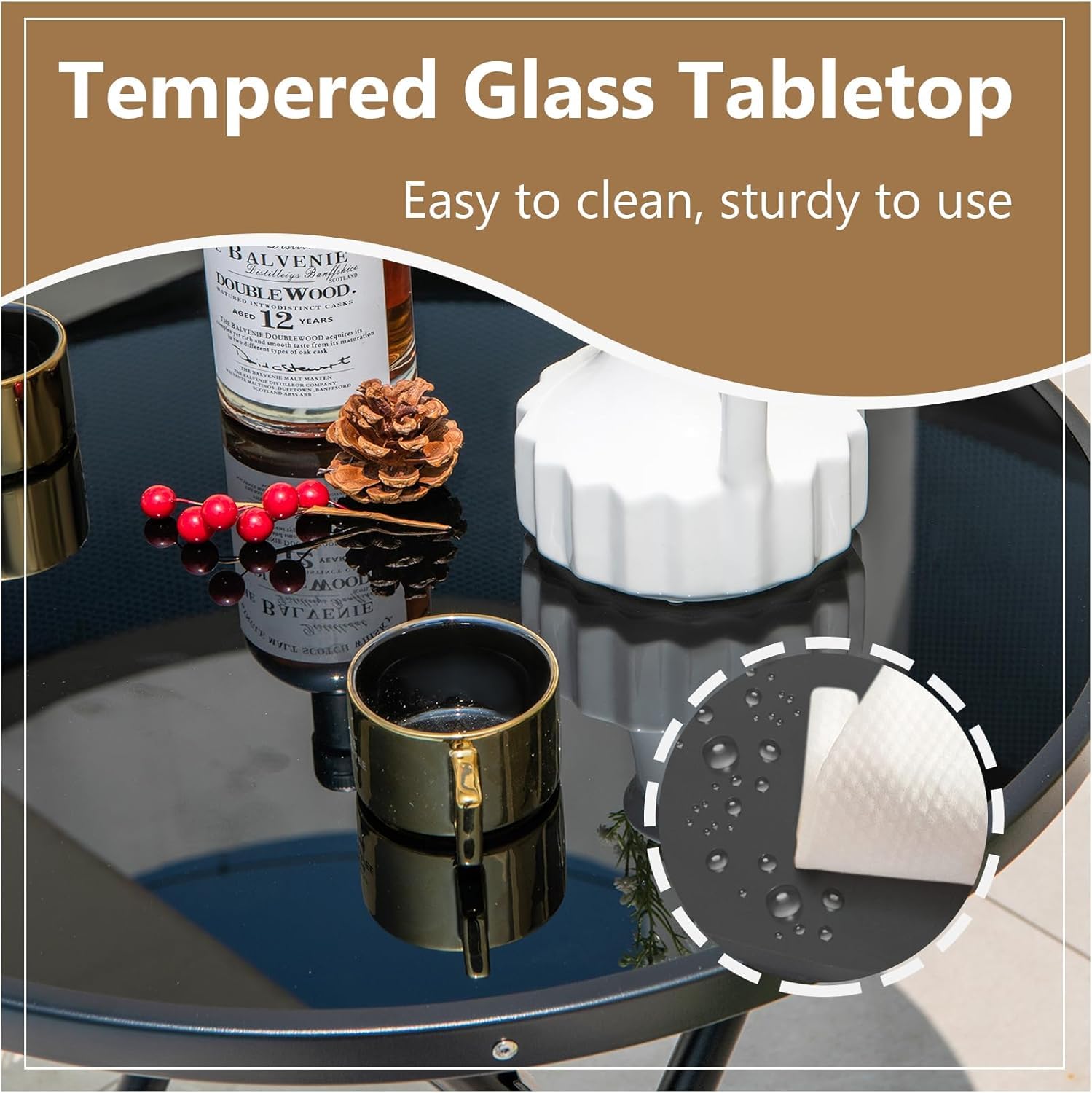 TORIOX Folding Table, Side Table, Balcony Table, Camping Table, Garden Table, Bistro with Metal Frame, Round Top Made of Tempered Glass 4