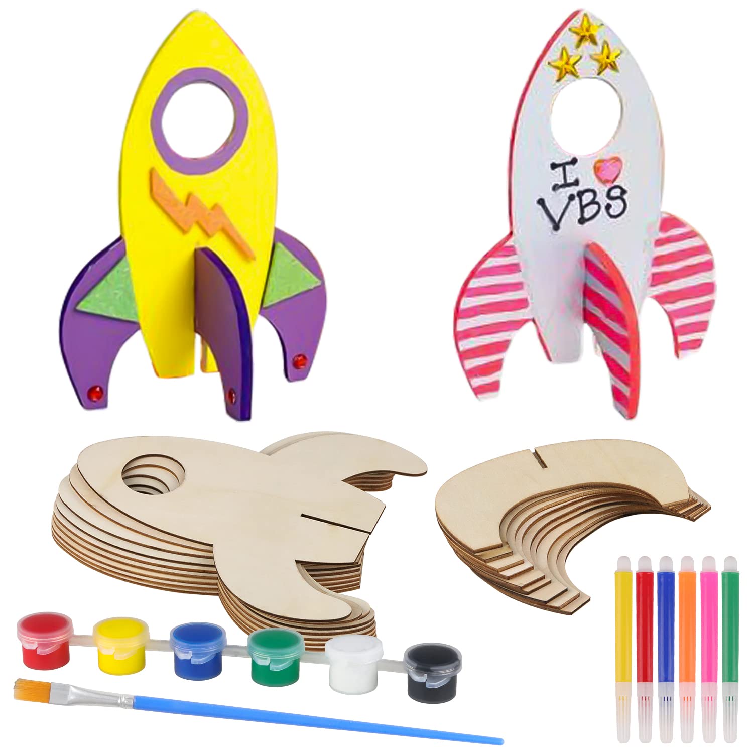 Fyihoxi 18 Piezas Cohetes Decoracion, 10pcs Cohetes de Madera con Soporte+6pcs Bolígrafo de acuarela+1pcs Pigmentos+1pcs Cepillo, Cohetes de Juguete para Niños 5-12 años