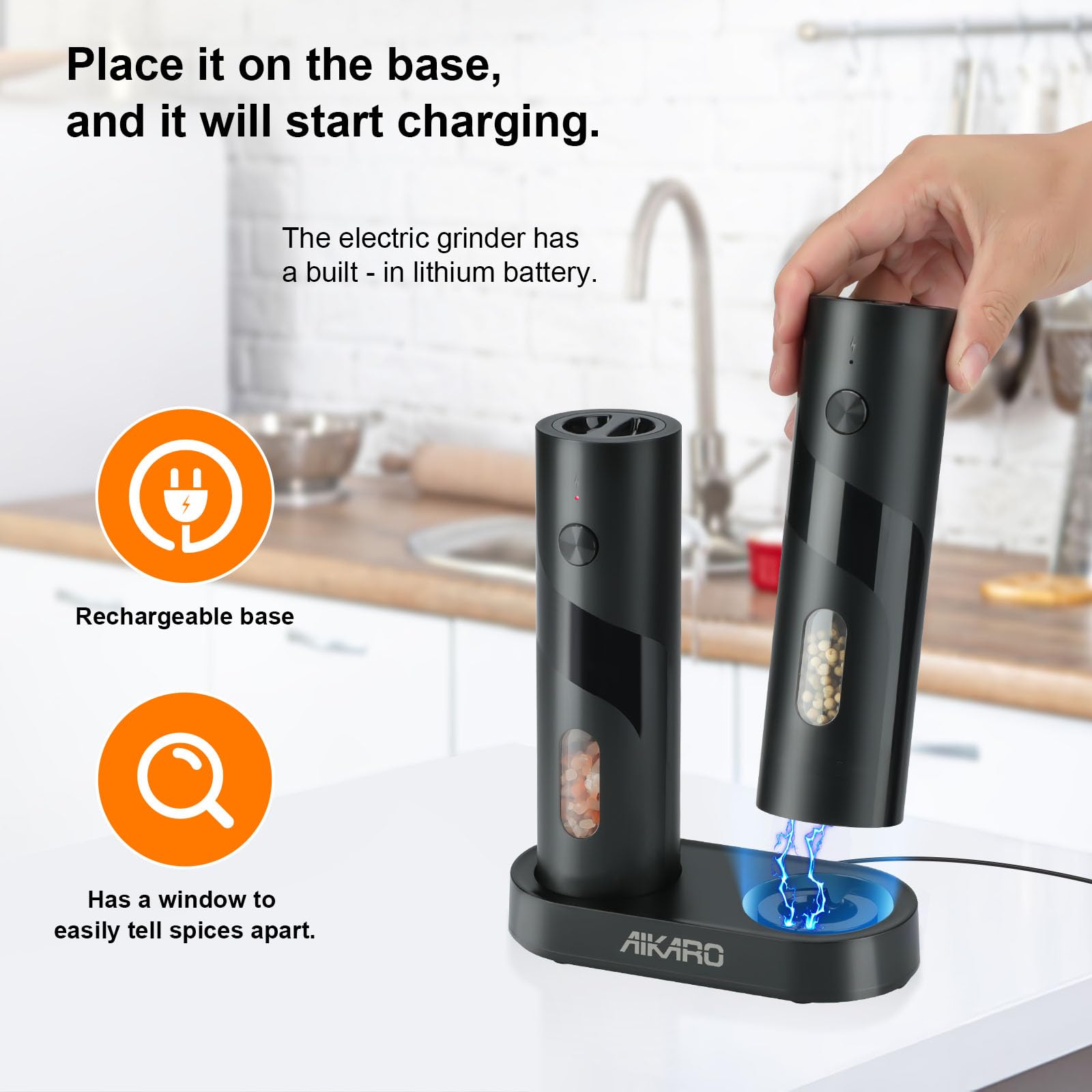 AIKARO - Moulin à sel et au poivre électrique Broyeur à épices automatique, Rechargeable (Ensemble)