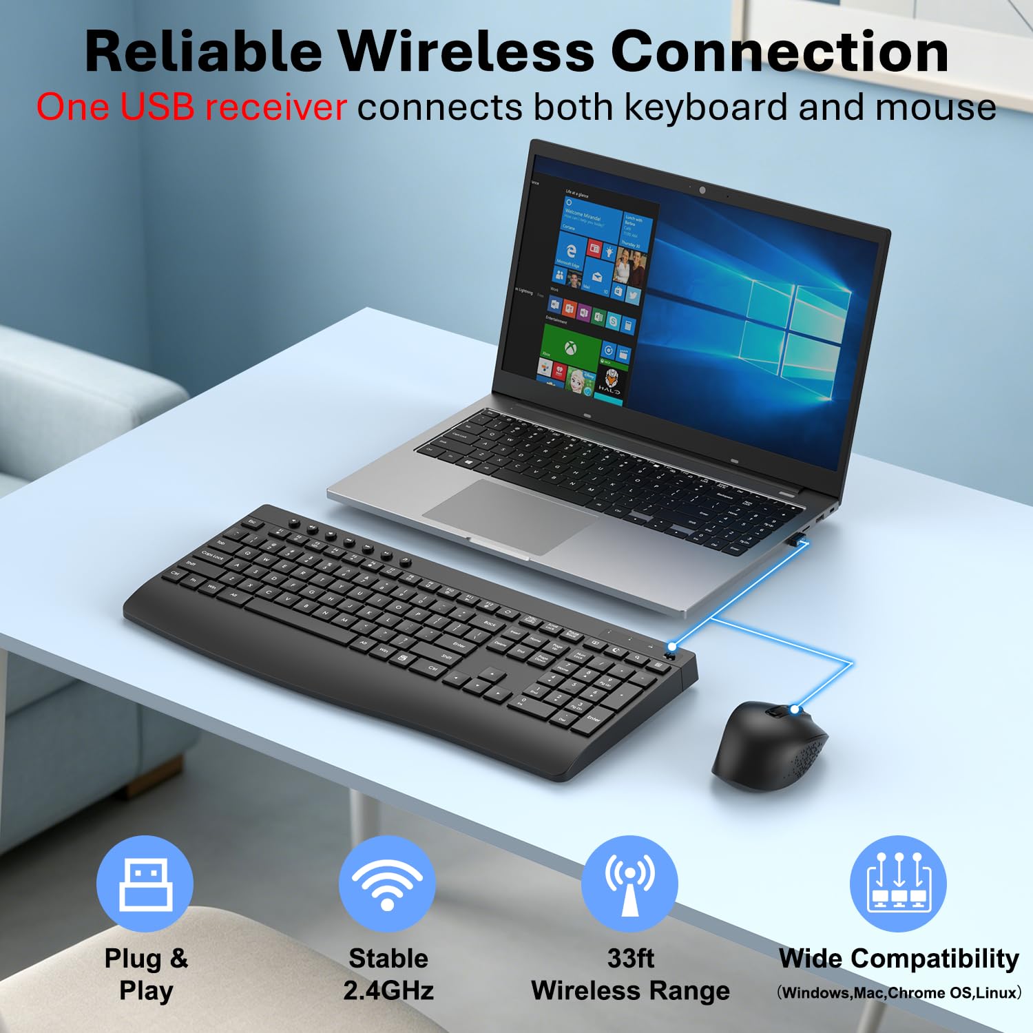 Tastiera wireless e mouse combinata, set di computer ergonomico di dimensioni standard con poggiapolsi, USB 2.4G senza lag, digitazione silenziosa, clic silenzioso, spegnimento automatico per PC, Mac