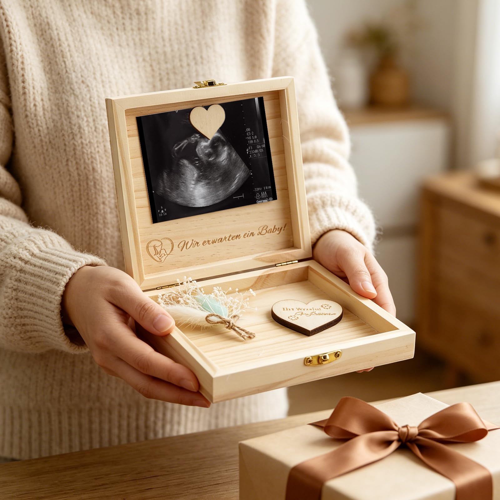 KingYH Anuncio de Embarazo con Caja de Madera Vais a Ser Abuelos | Regalo para Anunciar el Embarazo a la Familia Sorpresa Personalizada con llavero de Trébol (Abuela y Abuelo)