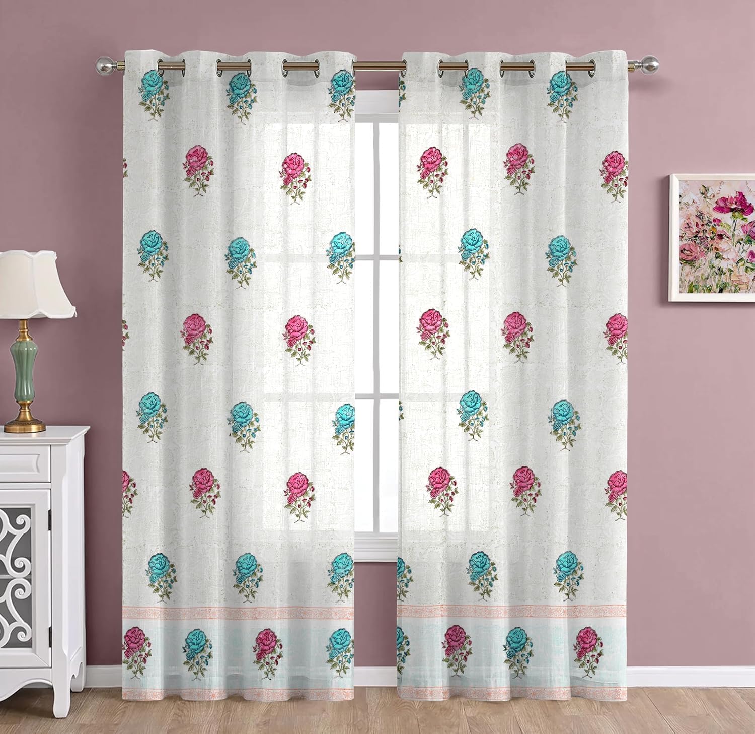 THE LINEN COMPANY Cotton Sheer Printed Curtain for Window Bedroom and Living Roonm Home décor Set of 2 (06.5 Feet,Royal Rose)