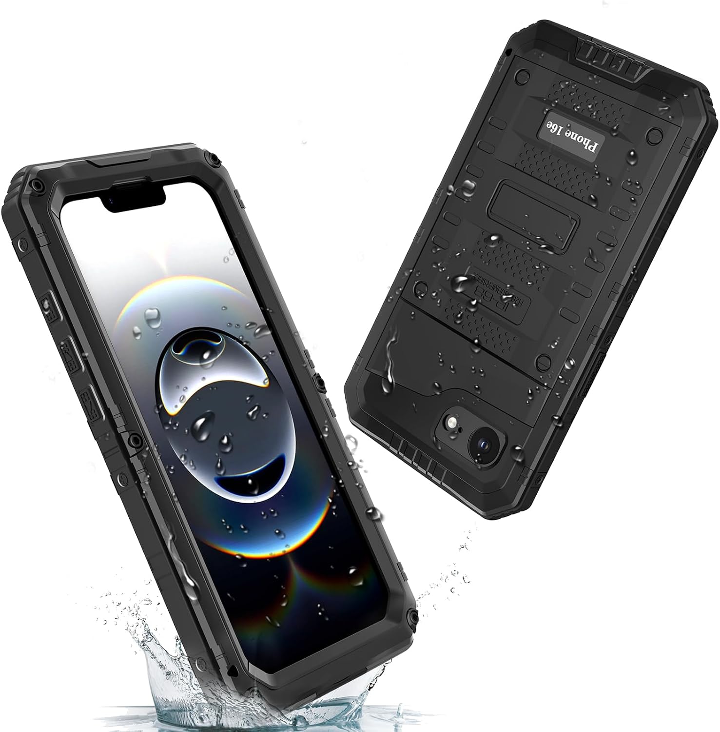 Marrkey for iPhone 16E Waterproof Case, Heavy Duty Metal Durable Full Body Built-in Screen Protection Case Shockproof Dustproof Rugged Military Grade Defender - Black