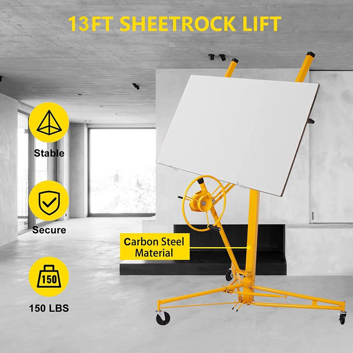 Veemuaro Drywall Lift, 13 FT Rolling Caster Lockable Jack Lifter Portable Panel Lift Construction Tools 150LB Heavy Duty Sheetrock Hoist Holder - Yellow