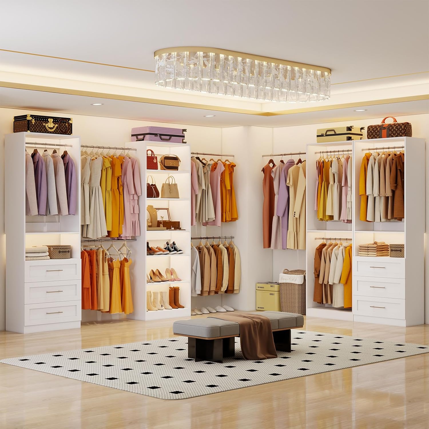 Closet System Set of 4, 8-21FT Closet System with 6 Drawers, 8 Shelves & 8 Hanging Rods, Custom Walk in Closet Organizer System Adjustable, Max 252“ Modular Closet Storage System Wood, White