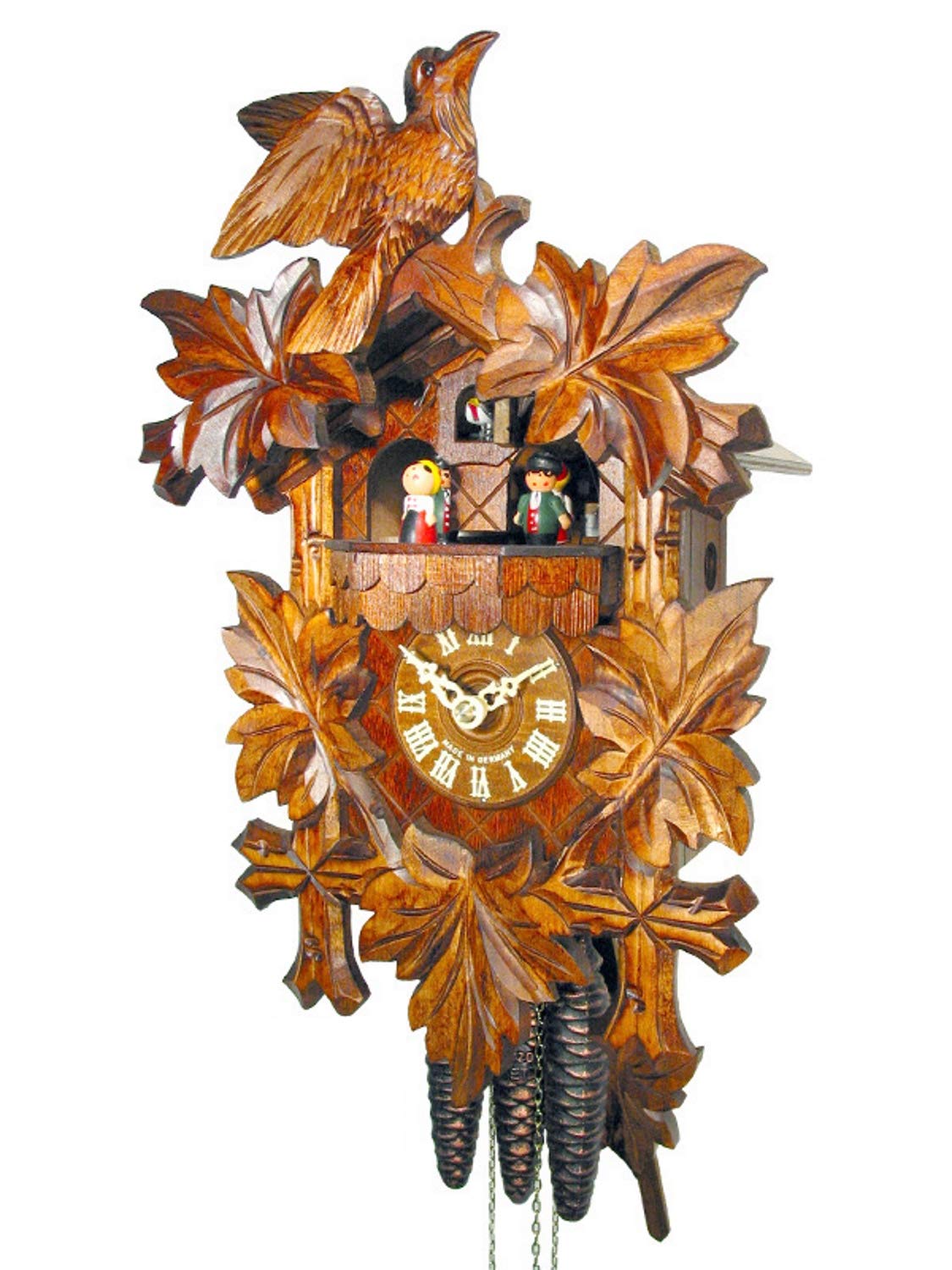 Kuckucksuhr Schwarzwald Kukus-Uhr mechanisch 1-Tag-Werk, 1 Vogel & 5 Ahorn-Blätter Musik Tanz-Figuren, Kukuksuhr Cuckoo Clock Schwarzwalduhr Kuckusuhr
