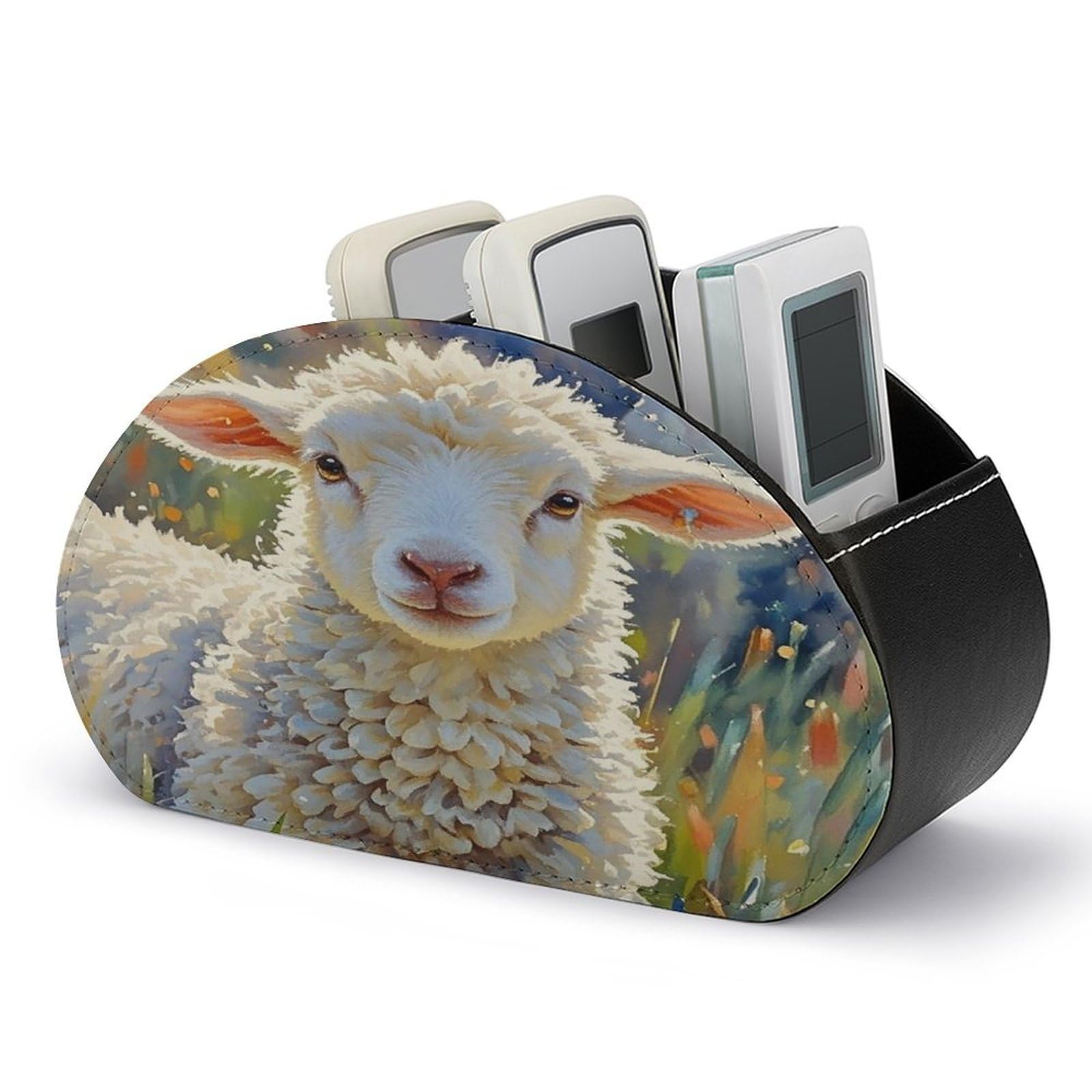 VstaDank Color Sheep Remote Control Holder Farmhouse TV Media Remote Storage Box with 5 Compartments PU Leather Remote Caddy Desktop Organizer for Home Bedside Table Organizer