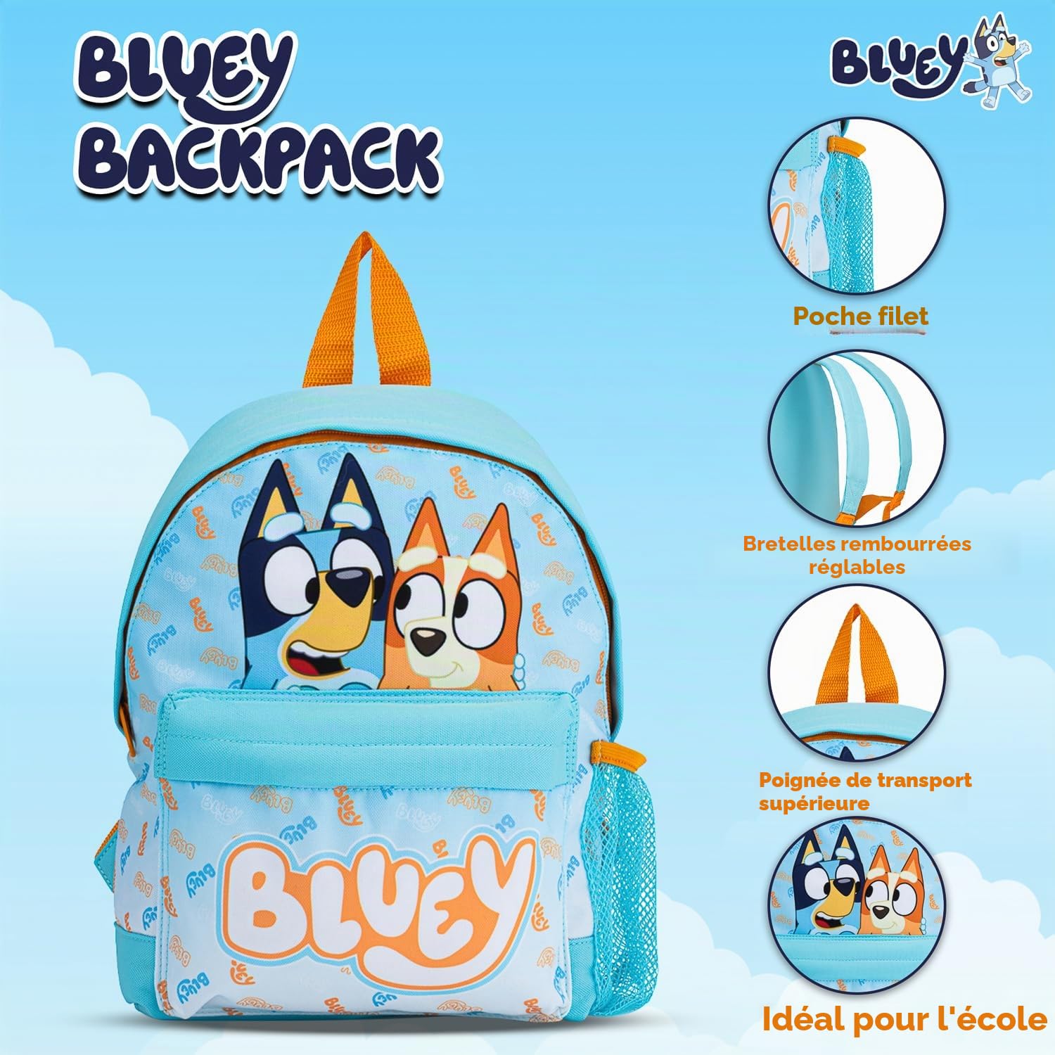 Bluey Ensemble sac à dos 4 pièces avec sac à déjeuner, bouteille d'eau et trousse à crayons, cartable pour garçons avec poche kangourou et côté en maille, pour enfants de 2 à 7 ans