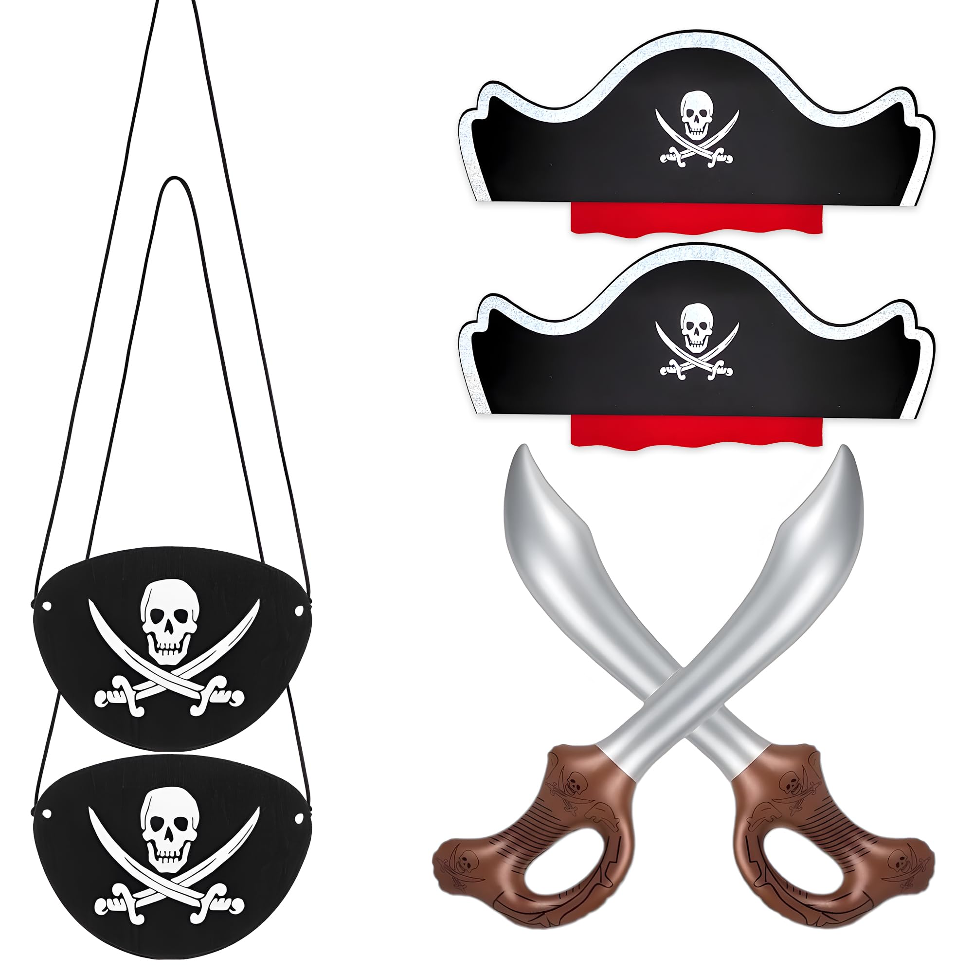 cadelon 6pcs Pirate Costume Accessories Set for Adults - 2 Pirate Captain Hats, 2 Inflatable Swords, 2 Adjustable Pirate Eye Patches - Complete Pirate Party Set for Cosplay and Themed Events