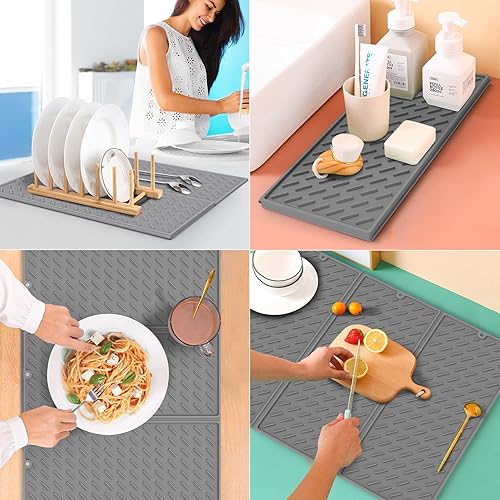 Miniatura 6 de SOSMAR Tapete de secado de silicona, 24 x 16 pulgadas, tapete de secado de platos, tapete escurridor de platos grande triple para encimera de