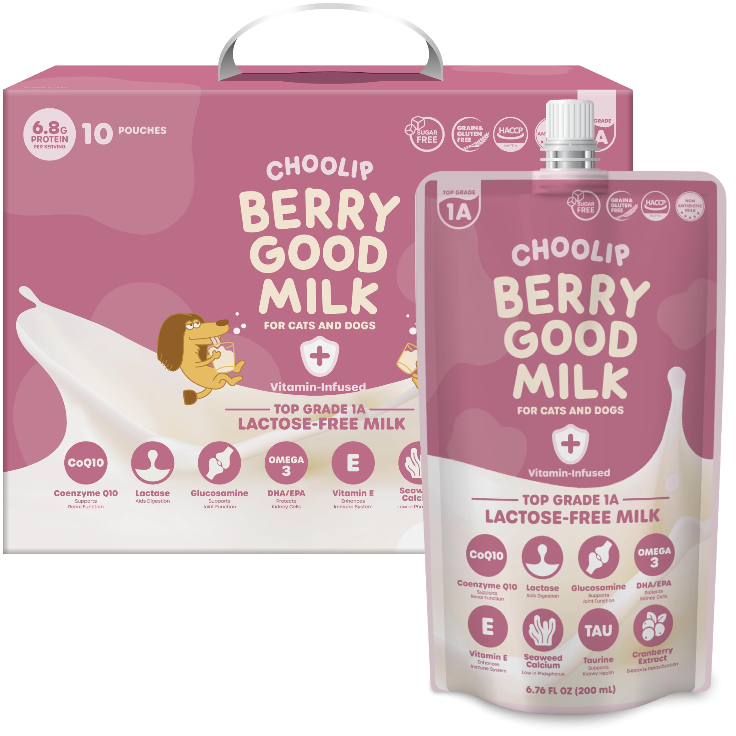 Choolip Berry Good Milk for Cats & Dogs – 10-Pack Lactose-Free Pet Milk, 200ml Pouches – Vet-Formulated Hydrating Drink with Cranberry, CoQ10, Glucosamine & Omega-3